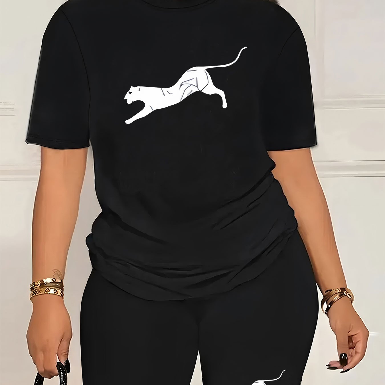 TEMU Ensemble 2 pièces pour femme, nouveau haut d'été décontracté à manches courtes et col ras du cou imprimé et legging short