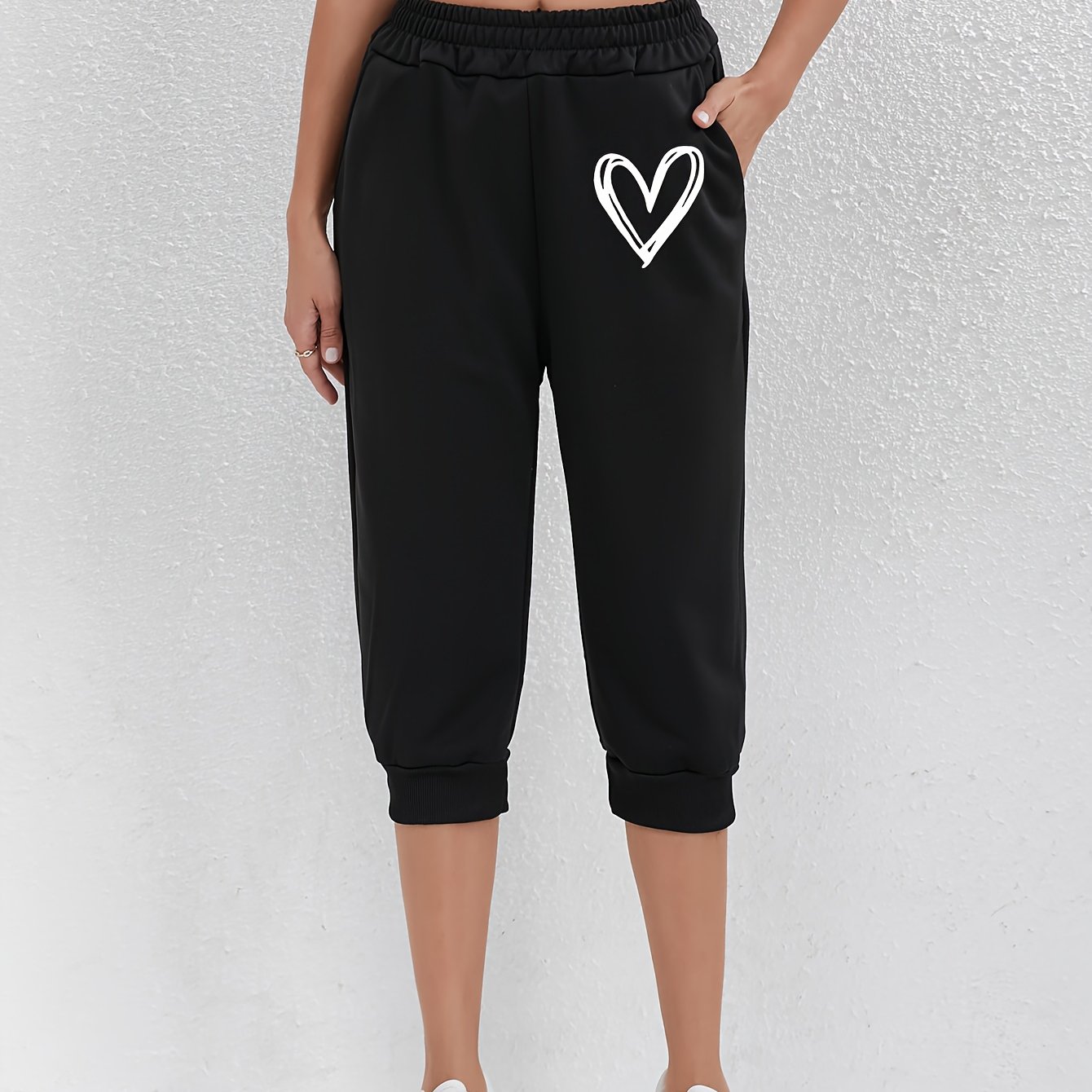 TEMU Heart Print Fitted Bottom Joggers, Casual Waist Slant Pockets Sporty Capris Pants For , Women's Clothing