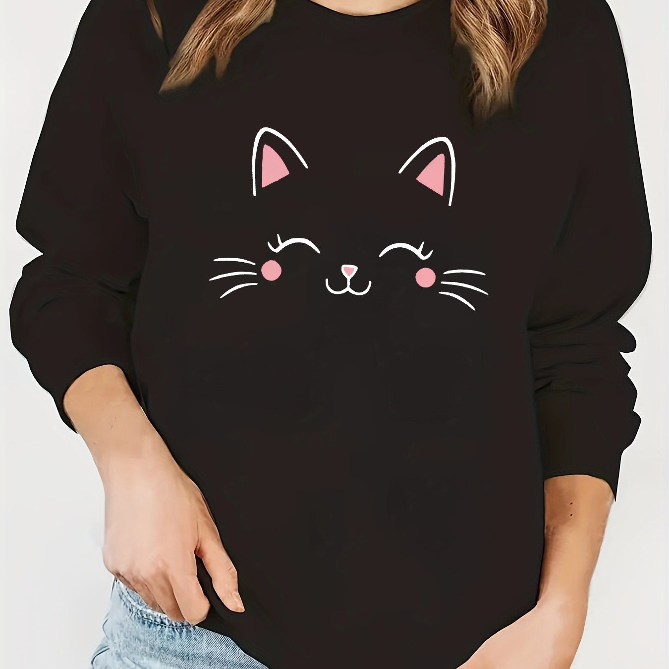 TEMU Women's Fashionable Casual Cute Simple Kitten Pattern Print -lined Crew Neck Sweatshirt