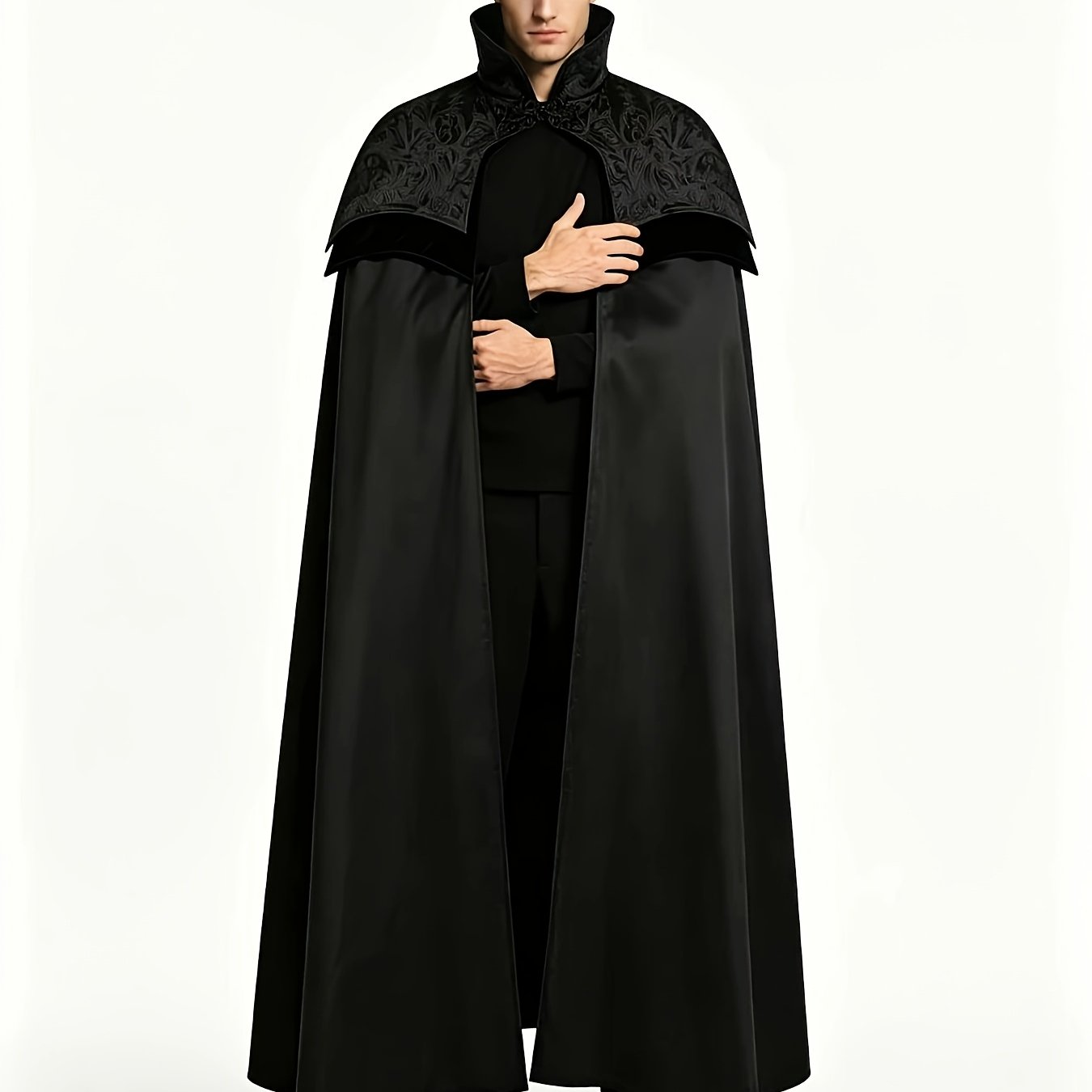 Image of Vintage Court--up Collar Cape, Halloween Men's Medieval Long Cloak, Stage Cosplay Outer Shawl Jacket, Fits Sizes S-l