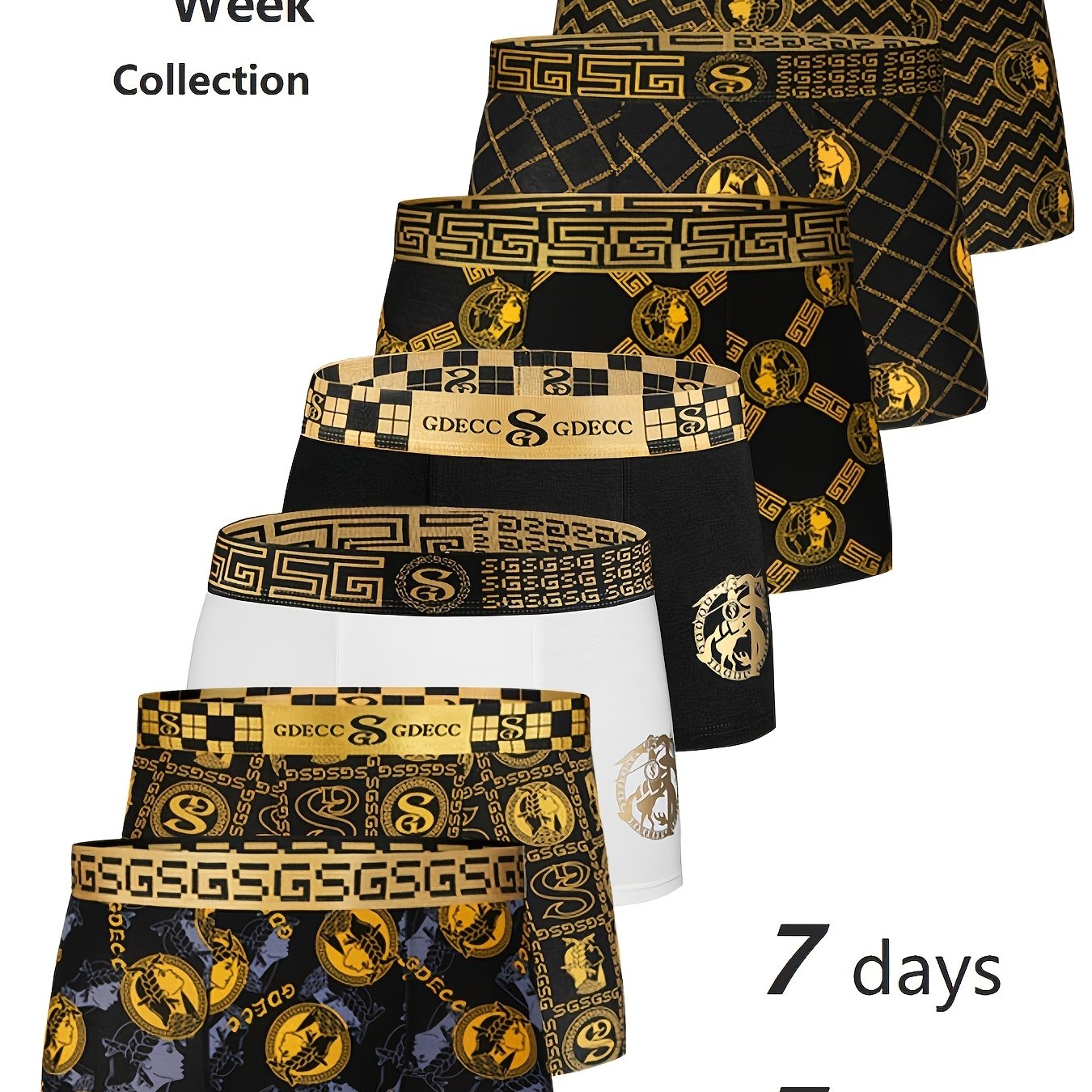 7pcs Men's Boxer Briefs, Soft Cotton, Breathable And Comfortable, Design, Black And Golden Cartoon Trendy Style