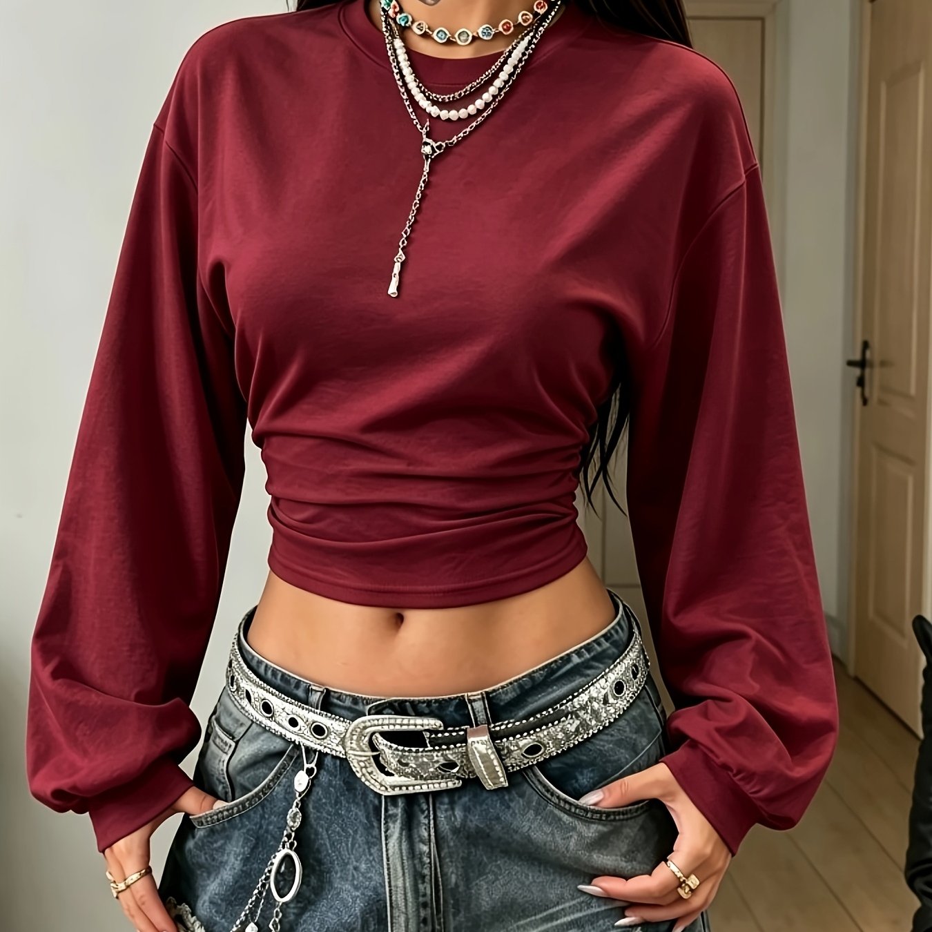 TEMU Women's Back-to- Season Basic Solid Color Pleated Asymmetrical Collar Long Sleeve Pullover Top, Autumn/winter Casual Versatile Style,, Leisure,