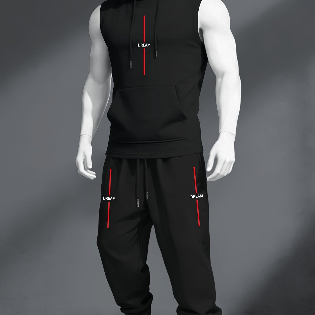 TEMU Trendy Men's Casual Gym Hooded Vest And Pants Set, Theme Letter Print, Minimalist Decorative Lines, Matching Print Side Stripe Athletic Pants,