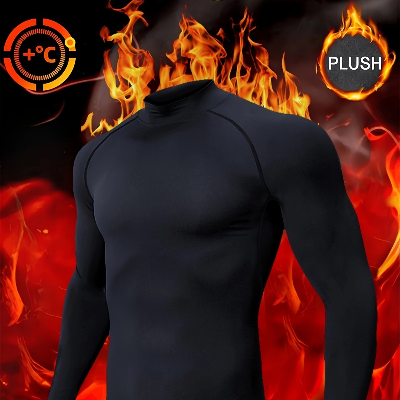 TEMU Men's Thermal Compression Shirt - 24h , Quick-dry, High Neck Fleece-lined Workout Top For Gym, Outdoor Sports, Running - Stretch Fabric, Black,