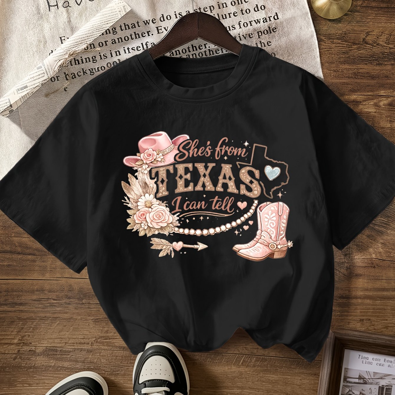 TEMU Women's Short-sleeved Crew Neck T-shirt With " From Texas I Can " Printed On It, With A Cowboy Hat, Cowboy Boots, And A Rose Western Pattern, A