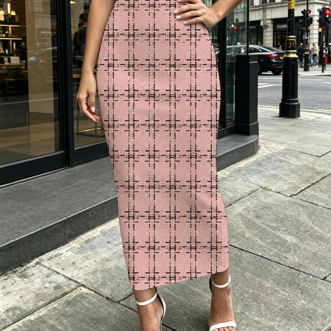 TEMU Pink Check Pattern Womens Printed Medium To Long Tight Fitting Hip Hugging Skirt Living Room Travel Outdoor Party Casual Wear