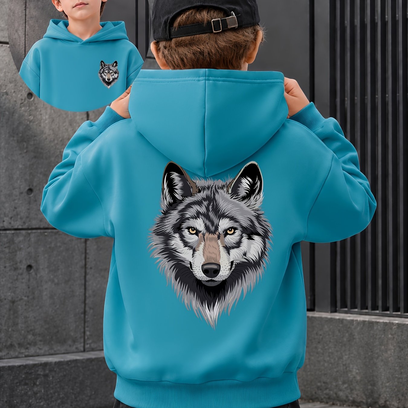 Image of Boys' Autumn And Winter Soft Terry Hooded Sweatshirt, Stylish And Wolf Head Creative Double-sided Exquisite Print Versatile Top, Suitable For Boys' Running, Walking, And Outdoor Activities