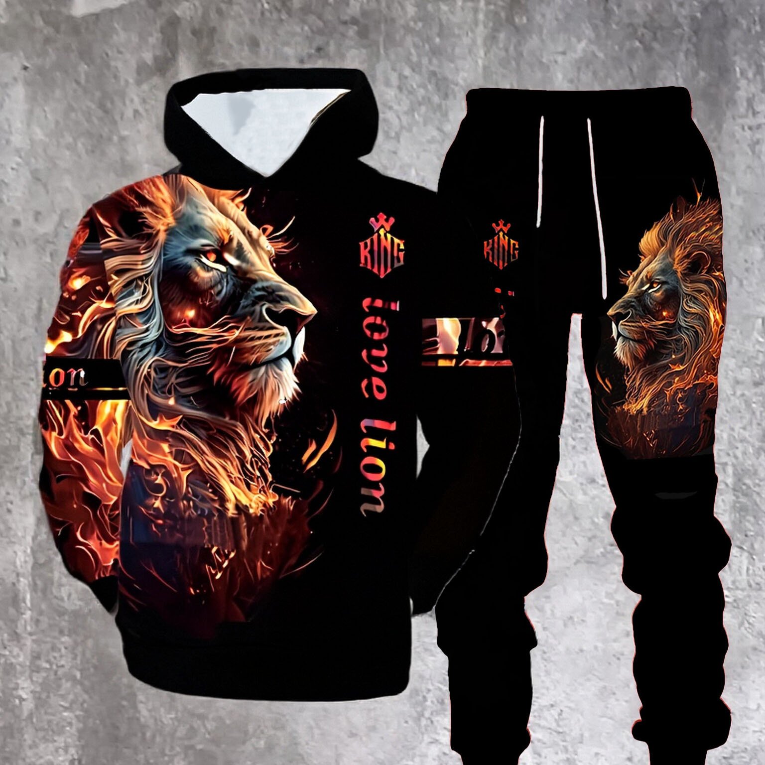 TEMU Men's Lion Print Hooded Sweatshirt And Sweatpants Set-100% Polyester Fiber Casual Sportswear, Hooded Long Sleeved Top And Pocket, Regular Cut