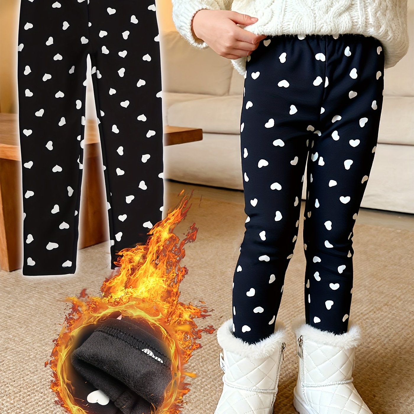 Polka Dot Heart Print Fleece-lined Girls' Leggings Warm Trousers