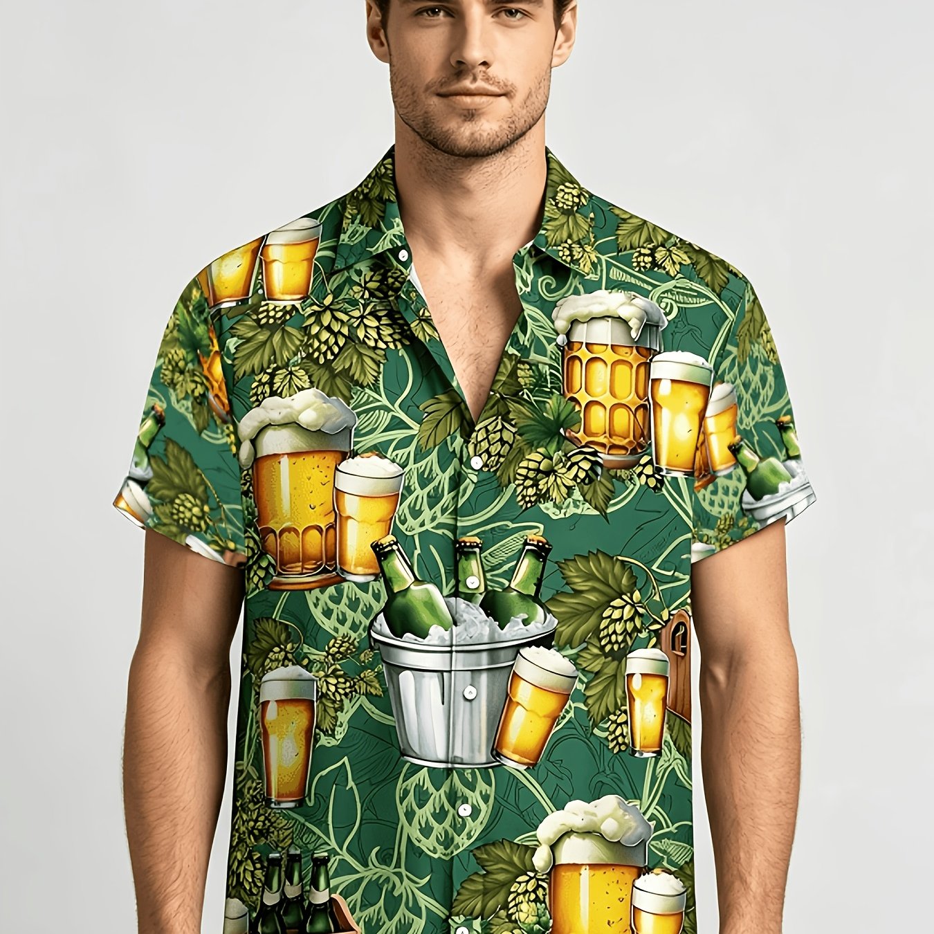 TEMU Camiseta de manga corta para hombre con temática de cerveza hawaiana - Cómoda camiseta con botones frontales, tela no elástica, adecuada para