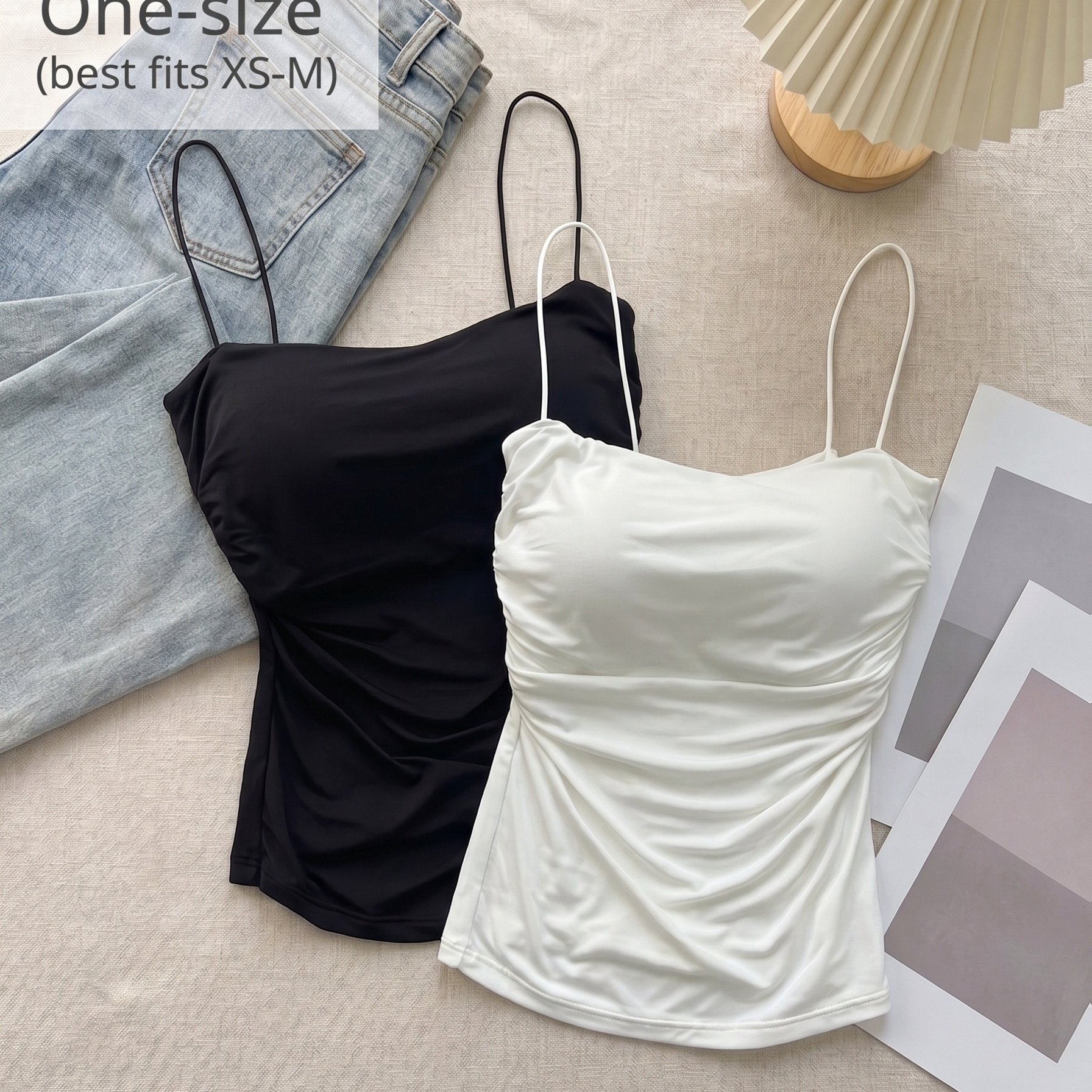 TEMU 2pcs Black And White Mixed Solid Color Seamless Thickened Tank Tops For Women, Simple Stretchy Breathable Camisoles, A Summer Party Essential
