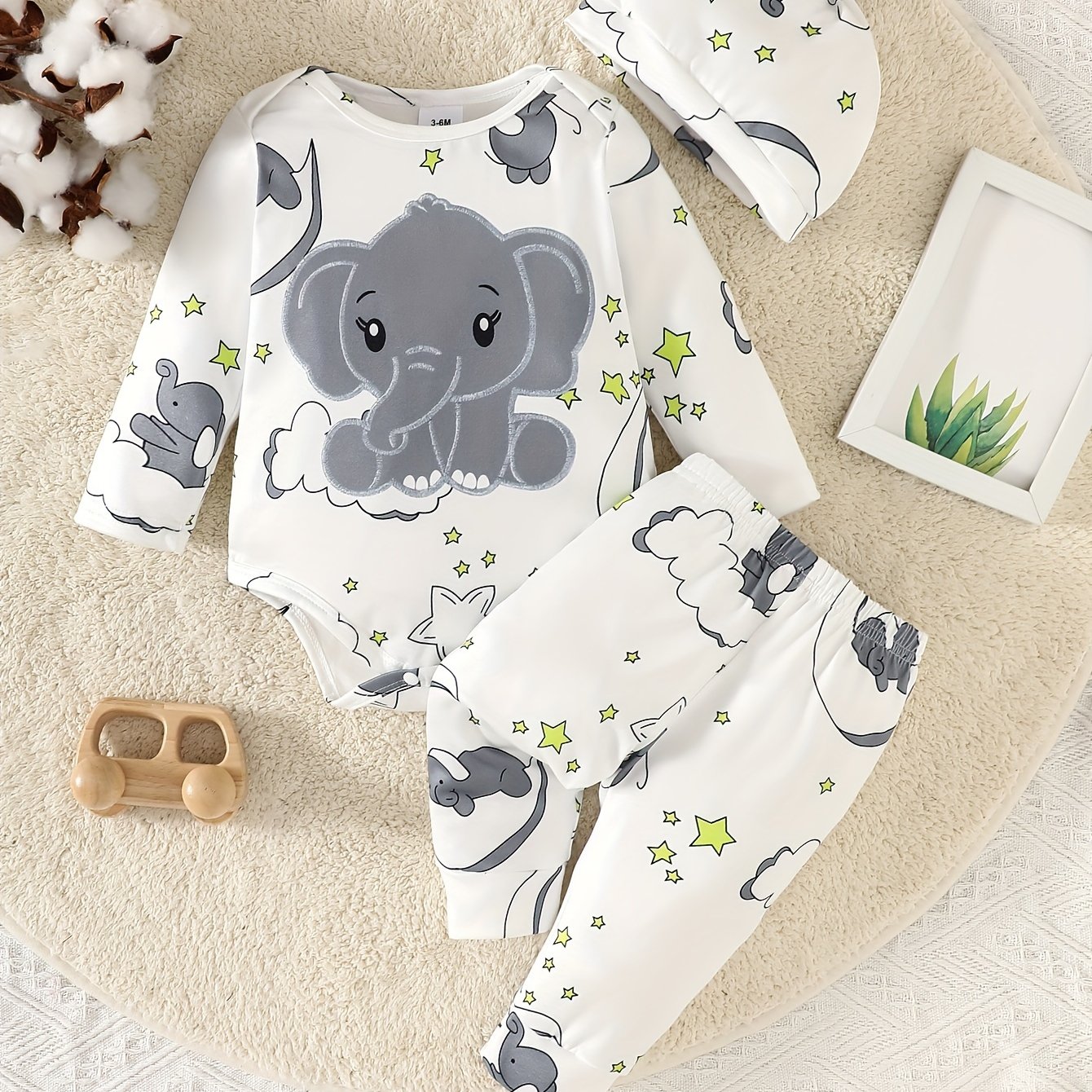 European And American Autumn/winter Newborn And Children's Cute Elephant Long-sleeve Romper + Print Long Pants + Hat 3pcs Set, Perfect For Outdoor