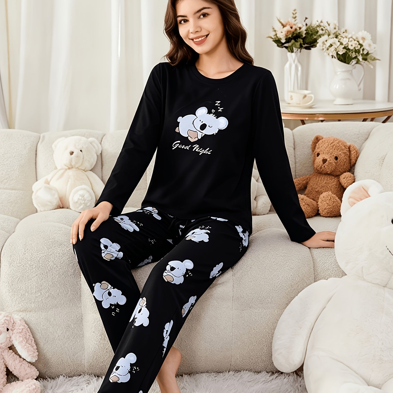Back-to- 1 Set/2pcs Set: Elegant Crew Neck Long Sleeve Top + Koala Print Long Pants Loungewear Pajama Set, Loose-fitting, Non-constricting, Soft, Comfortable, Durable Student Dorm Wear, For Teenager