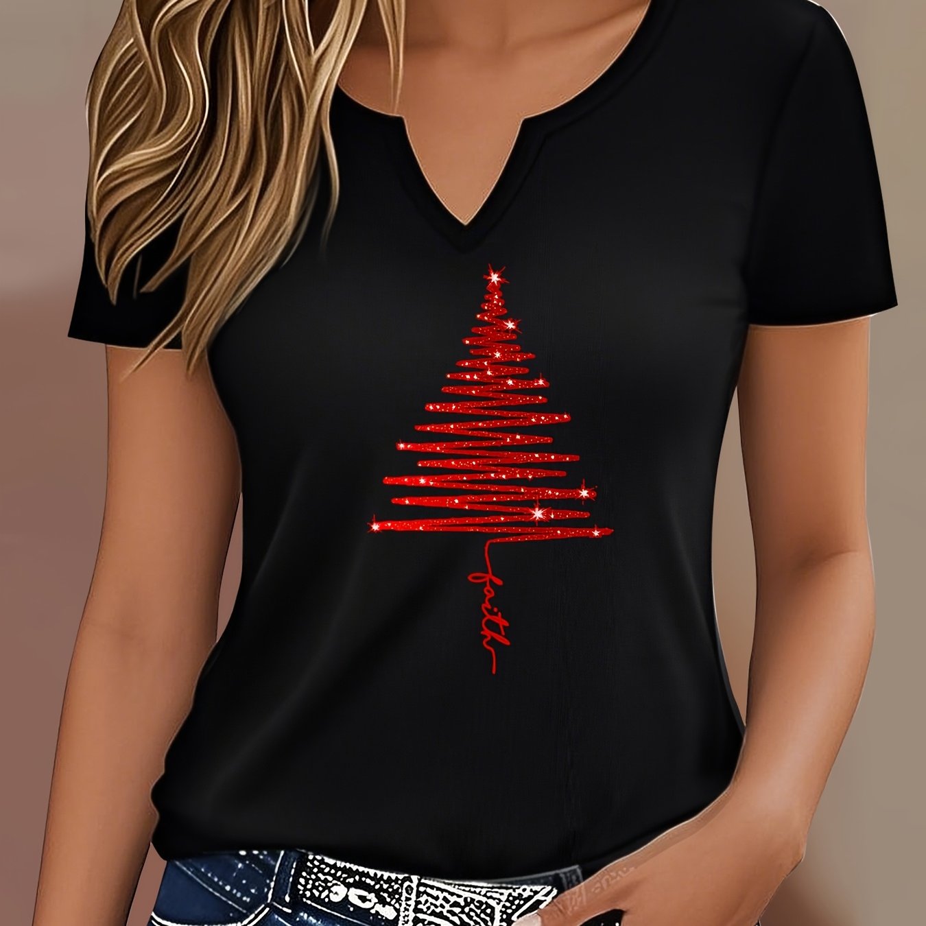 TEMU Letter Print T-shirt, Short Sleeve V Neck Casual Top For Summer & Spring, Women's Clothing