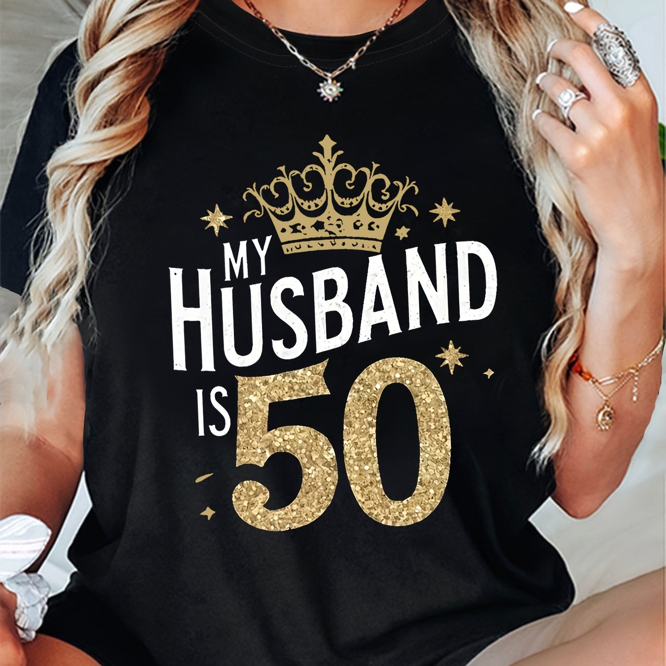E-shop Mein Ehemann ist 50 Buchstaben-Aufdruck T-Shirt, Kurzarm-Freizeitoberteil mit Rundhalsausschnitt für Sommer & Frühling, Damenbekleidung