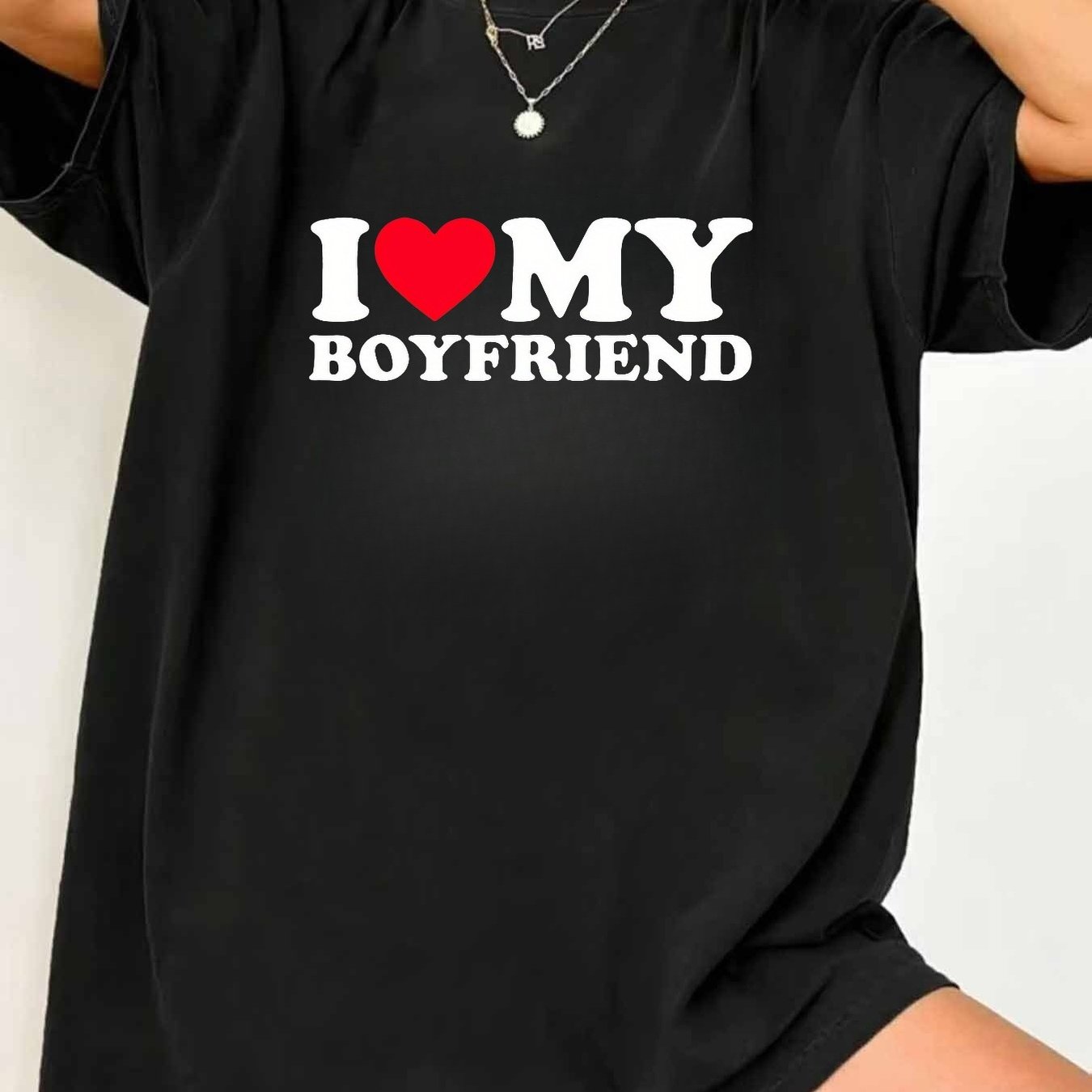 TEMU Printed With I Love My Boyfriend Pattern Sweet Matching Couple Design-unisex Holiday Gift Casual Outing 2026 New Style T-shirt 180g