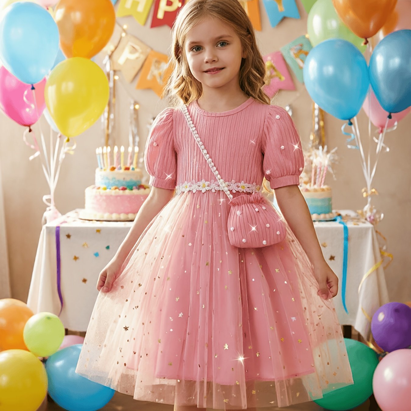TEMU Floral Lace Mesh Skirt, Children's Birthday Party Dress, Puff Sleeve Mesh Princess Dress For Kids Ages 4 , Summer Pearl Short Sleeve Round Neck