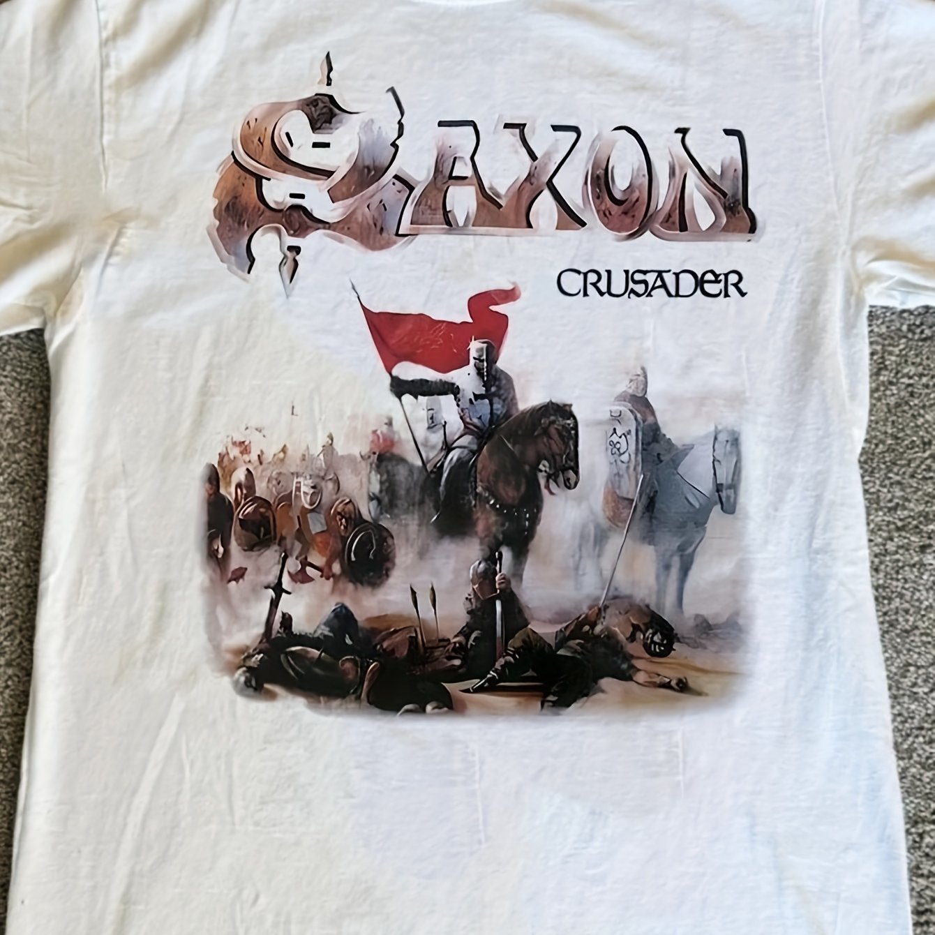 Men's Band Graphic T-shirt - Medieval Knight Design With Flag - Heavy Metal Inspired Band Tee - White Crewneck Shirt For Concerts & Casual Attire - Vintage Metal Merchandise Vk02993