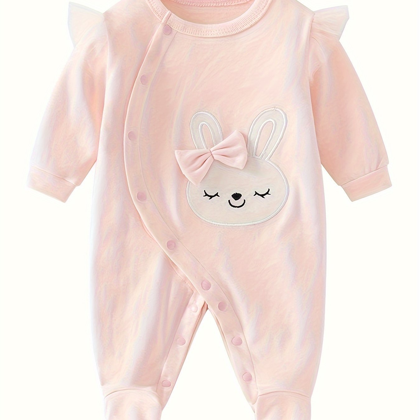 Image of Cute Pink Cartoon Embroidered Rabbit Long-sleeve Onesie For Newborn Girls, Suitable For Spring And Autumn, Made Of Pure With Footed Design, For Outdoor