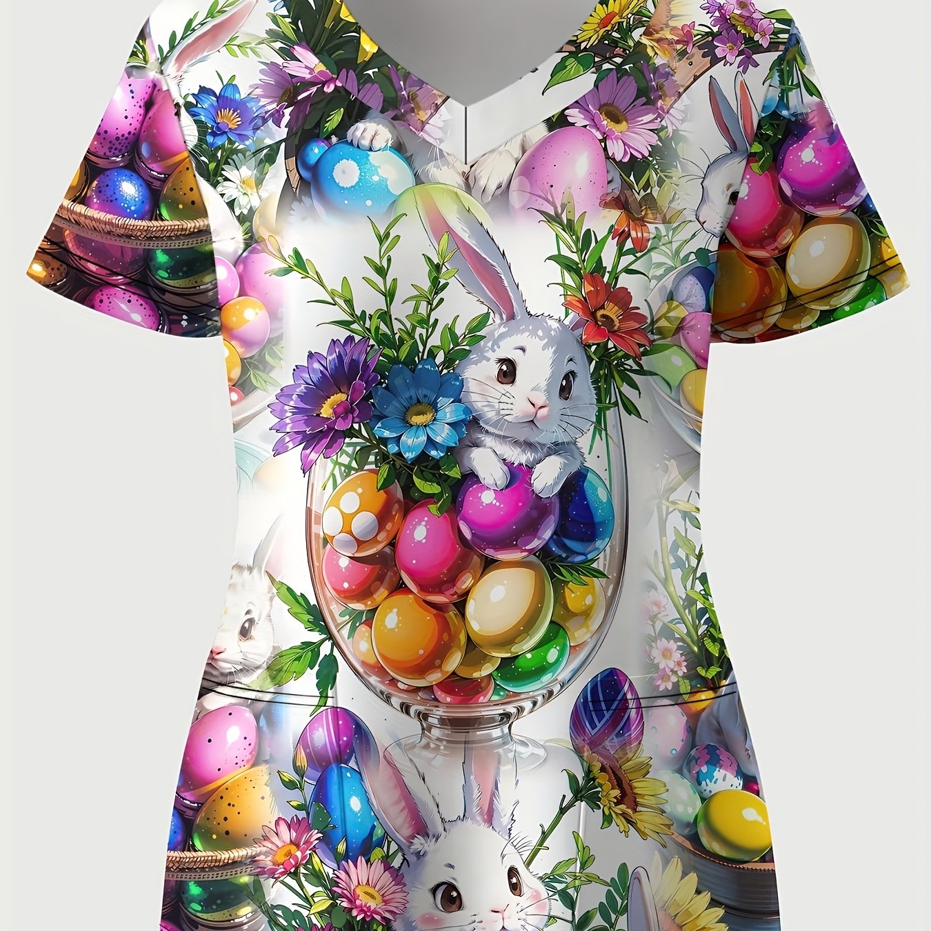 TEMU Plus Size - Plus Size - A Plus-size Women's V-neck Nurse Uniform T-shirt Featuring Rabbit And Prints, With Short Sleeves And Pockets, Made From