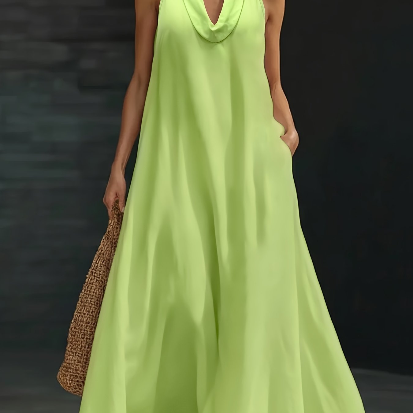 TEMU Plus Size Women' V-neck Halter Dress, Summer Loose Flowy Sleeveless Long Gown, Sexy A-line Skirt; Suitable For Beach Vacation, Music Festival