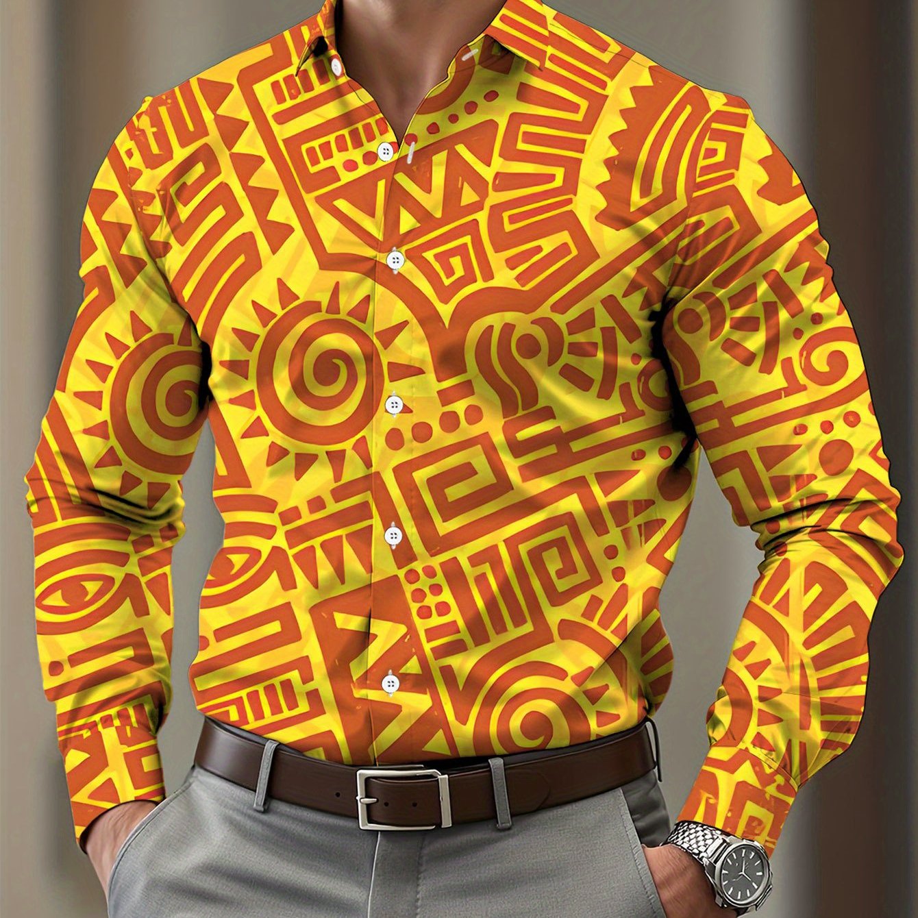 TEMU Plus Size Men's Long Sleeve Print Shirt, Yellow-orange Geometric Abstract Elements Print All-match Regular Formal Shirt For Men, Wrinkle-'s Long