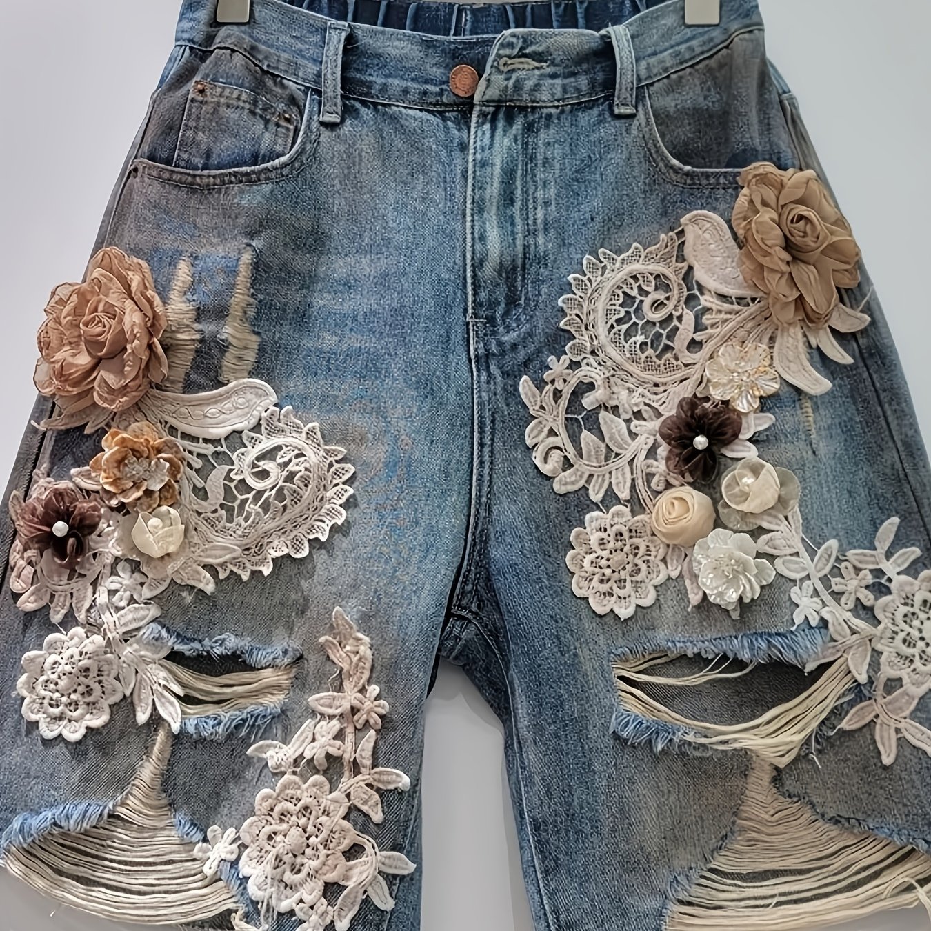 TEMU Elegant Women's Summer Ripped Jeans Lace Hollow Out 3d Floral Print Denim Shorts Capri Pants
