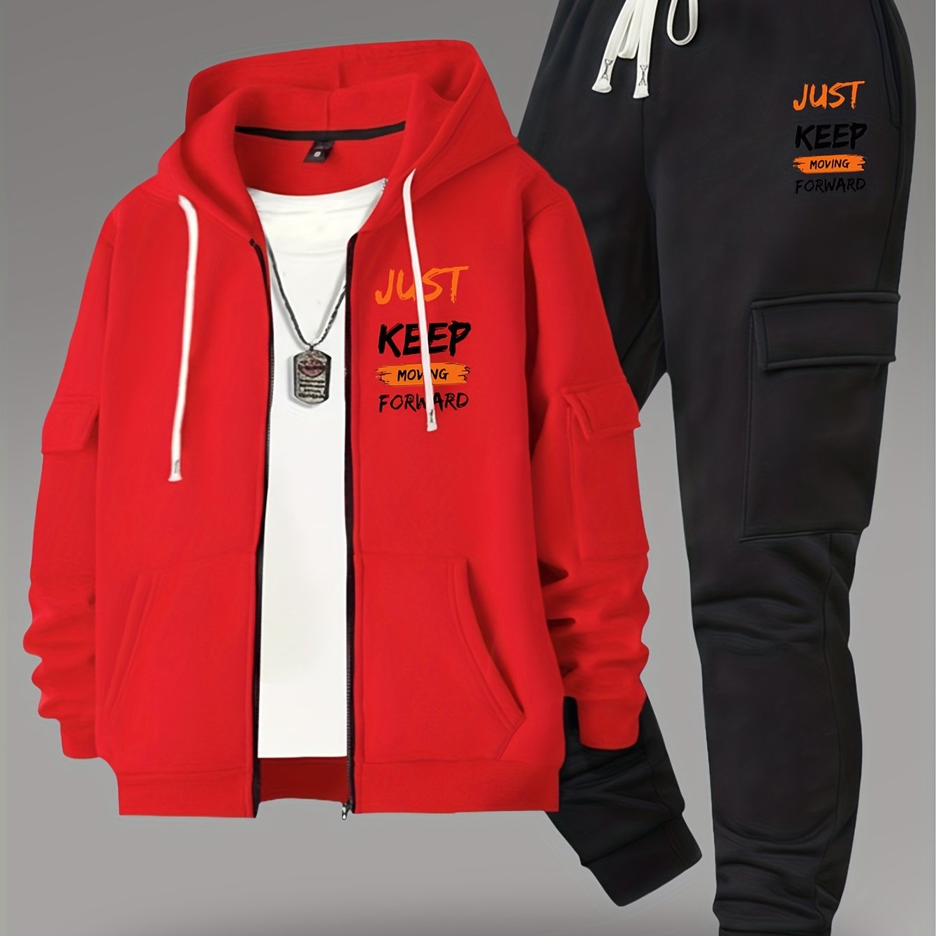TEMU Fashion Zip-up Hoodie And Loose Ankle-cinching Cargo Multi-pocket Long Pants, Casual Daily Comfortable Versatile Breathable Drawstring Zip-up