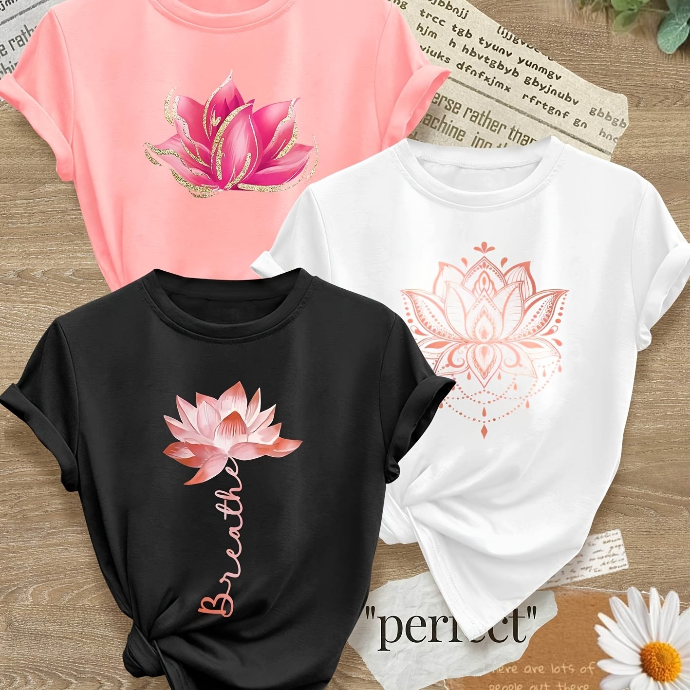 TEMU Golden Powder Lotus Mixed Set Combination 3pcs Set Series Printed Fashionable Retro Style Women's Spring, Autumn And Summer Casual Sports Style