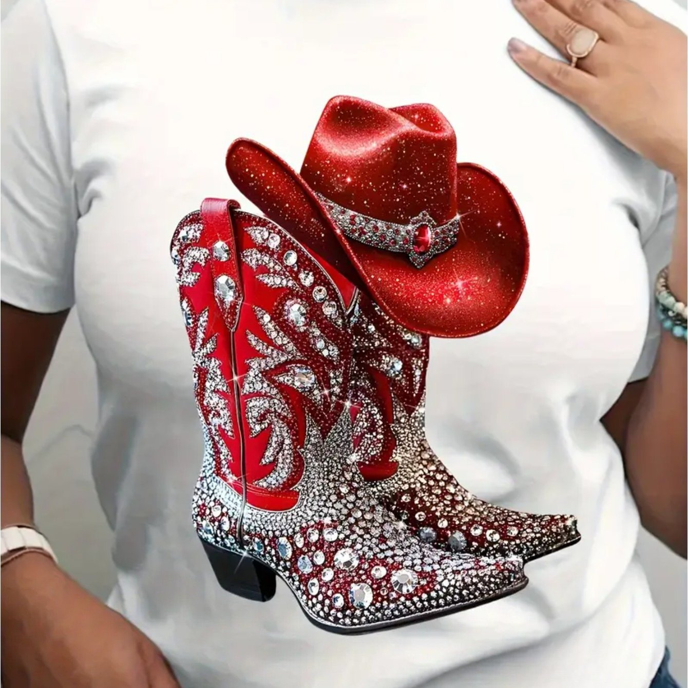 TEMU 's Western Boots & Hat Print Short Sleeve T-shirt - Red -like Denim Design, 100% Breathable Round Neck Casual Top For Country Parties, Rodeo &