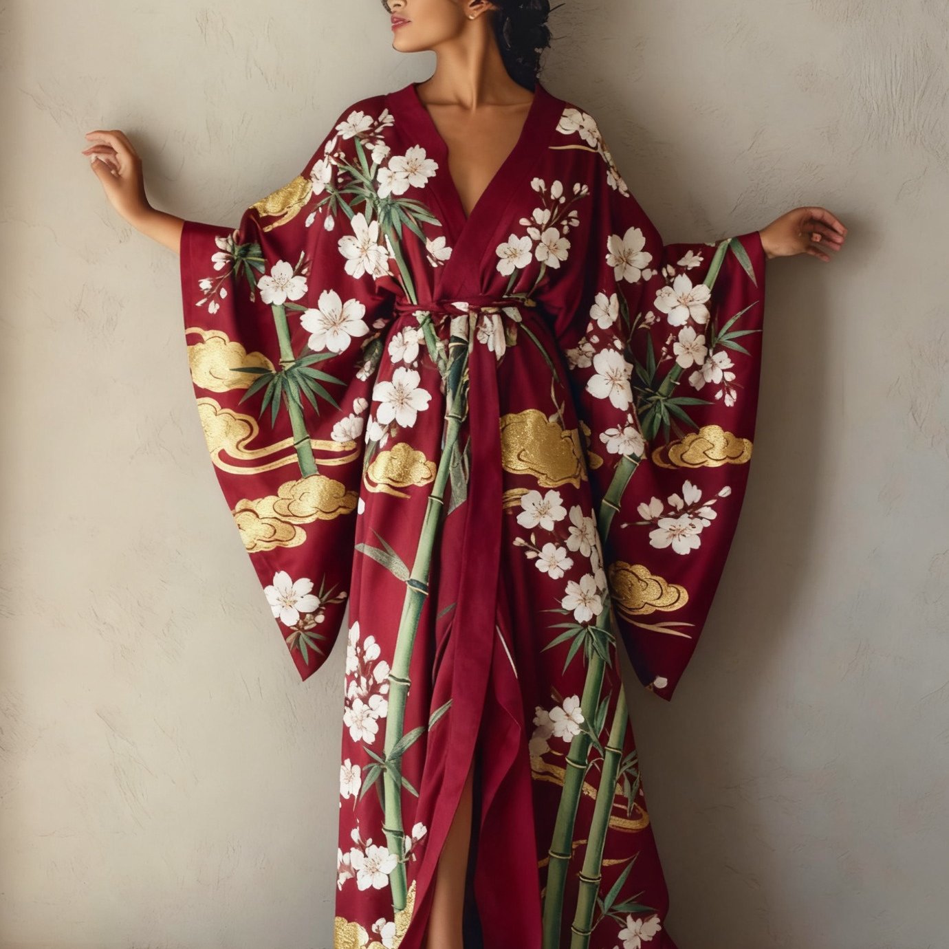 Image of Elegant Women's Kimono-style Maxi Dress Featuring A Floral Print, Wide Sleeves, And A Wide Sash; Machine-washable And Perfect For Casual Beach .
