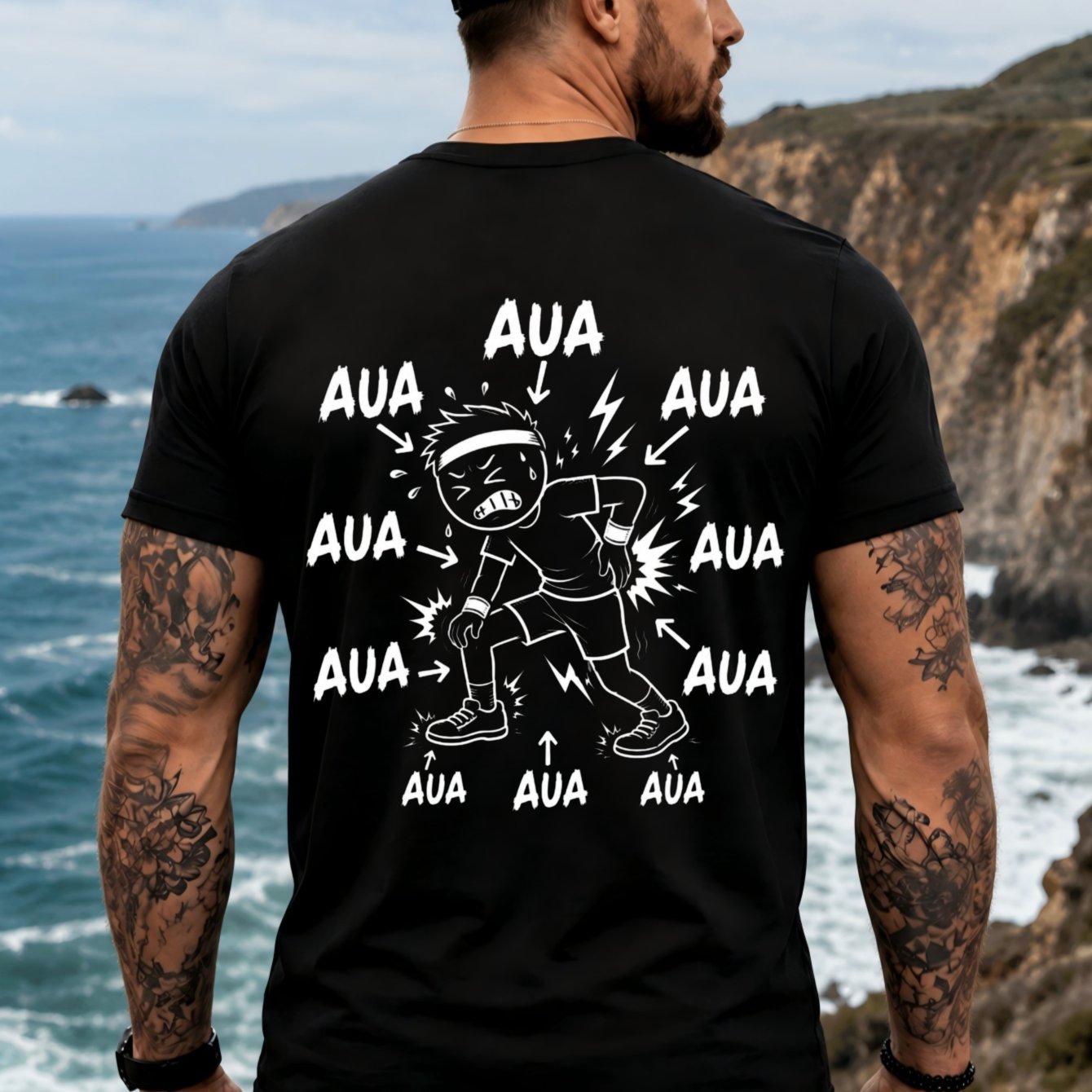 Men's Funny Injured Runner T-shirt - Athletic Pain With Aua Text & Arrows Back Print - Humorous Gym & Casual Wear Suitable For Humor, Machine Washable Round Neck Tee