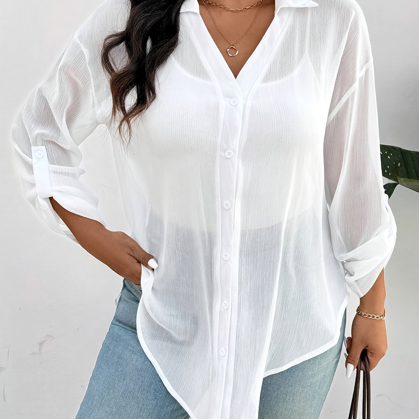 TEMU Plus Size, Plus Size Women' Chiffon Shirt - Elegant Collar Blouse, Loose Fit Semi-transparent Suitable For Spring/autumn, Machine Washable