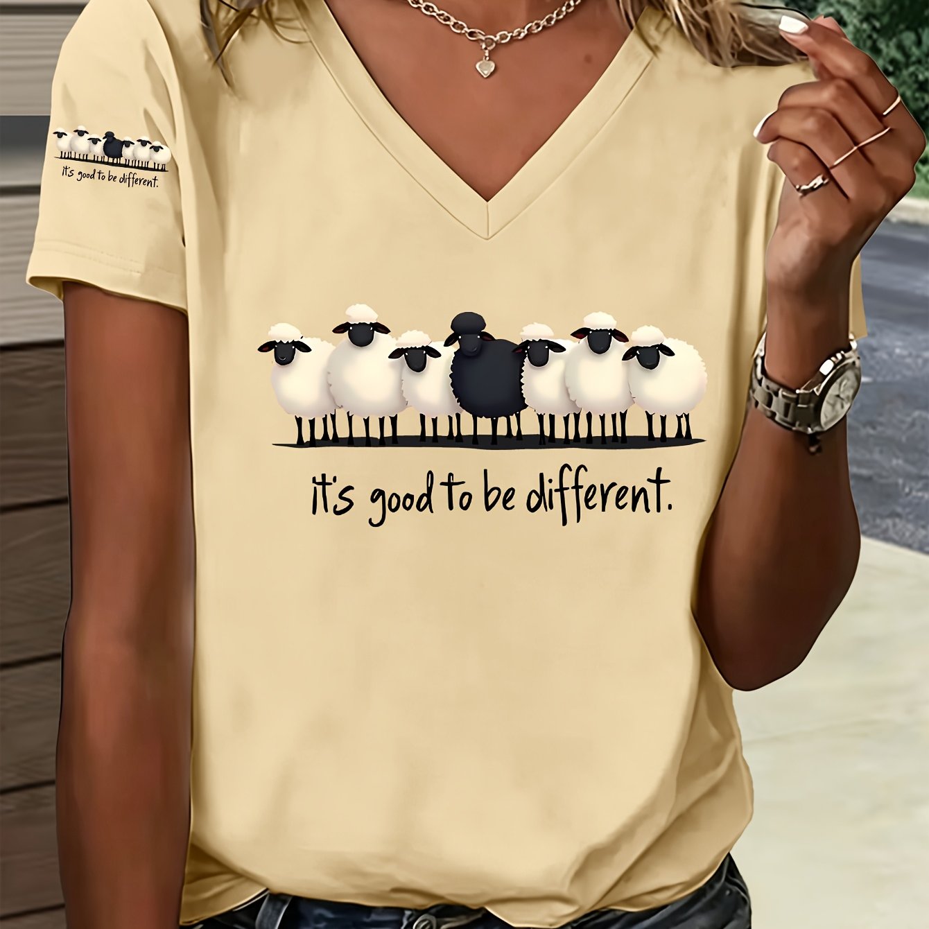 TEMU 1pc V-neck T-shirt With Unique And Personalized Cartoon Sheep , Loose And , New Summer Y2k Style Women's Casual Sportswear, Single Sleeve Print,