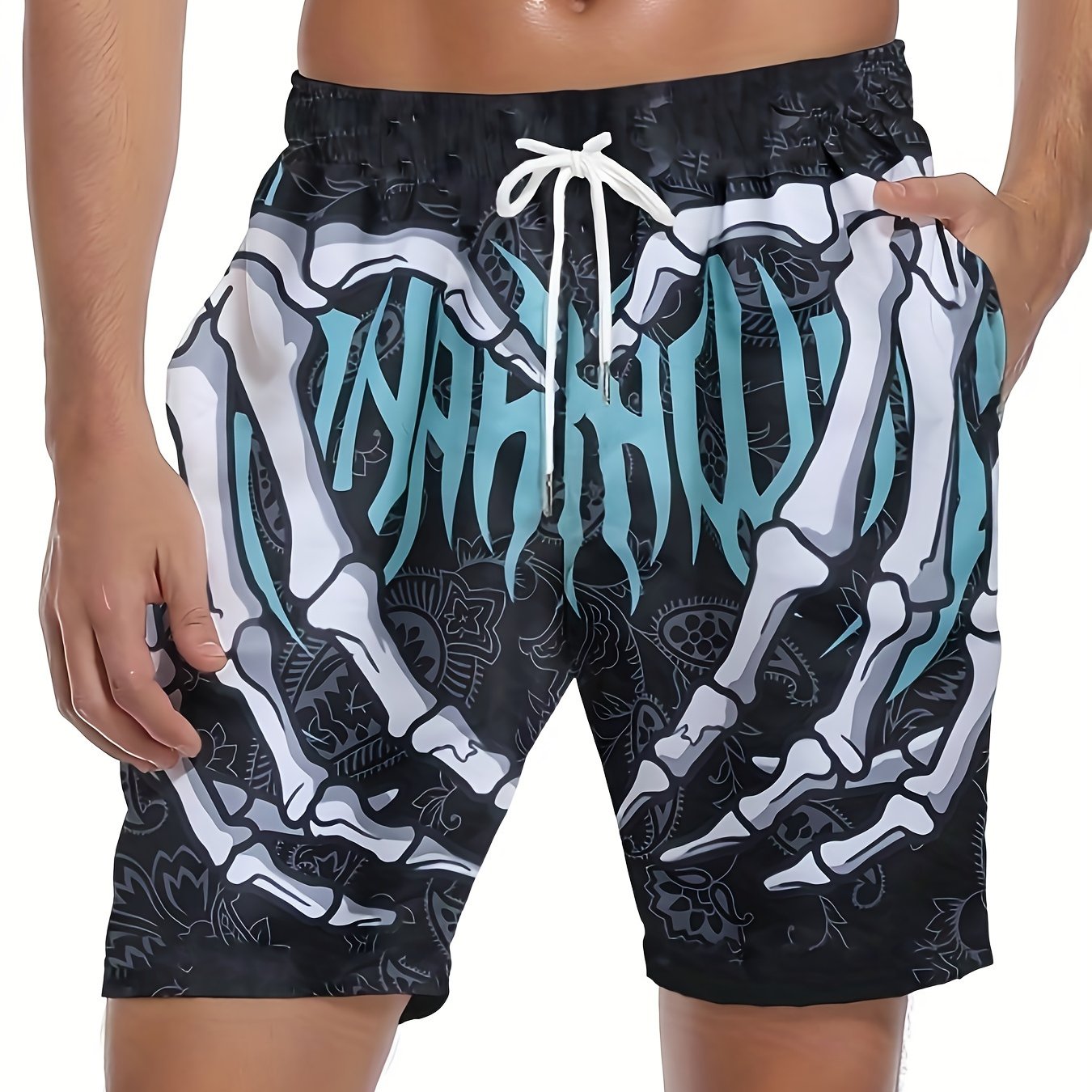 TEMU Men's Gradient Skull Print Double-layer Sports Shorts With Drawstring Waist And Pockets - Breathable Fabric Suitable For Gym, Sports, And Casual
