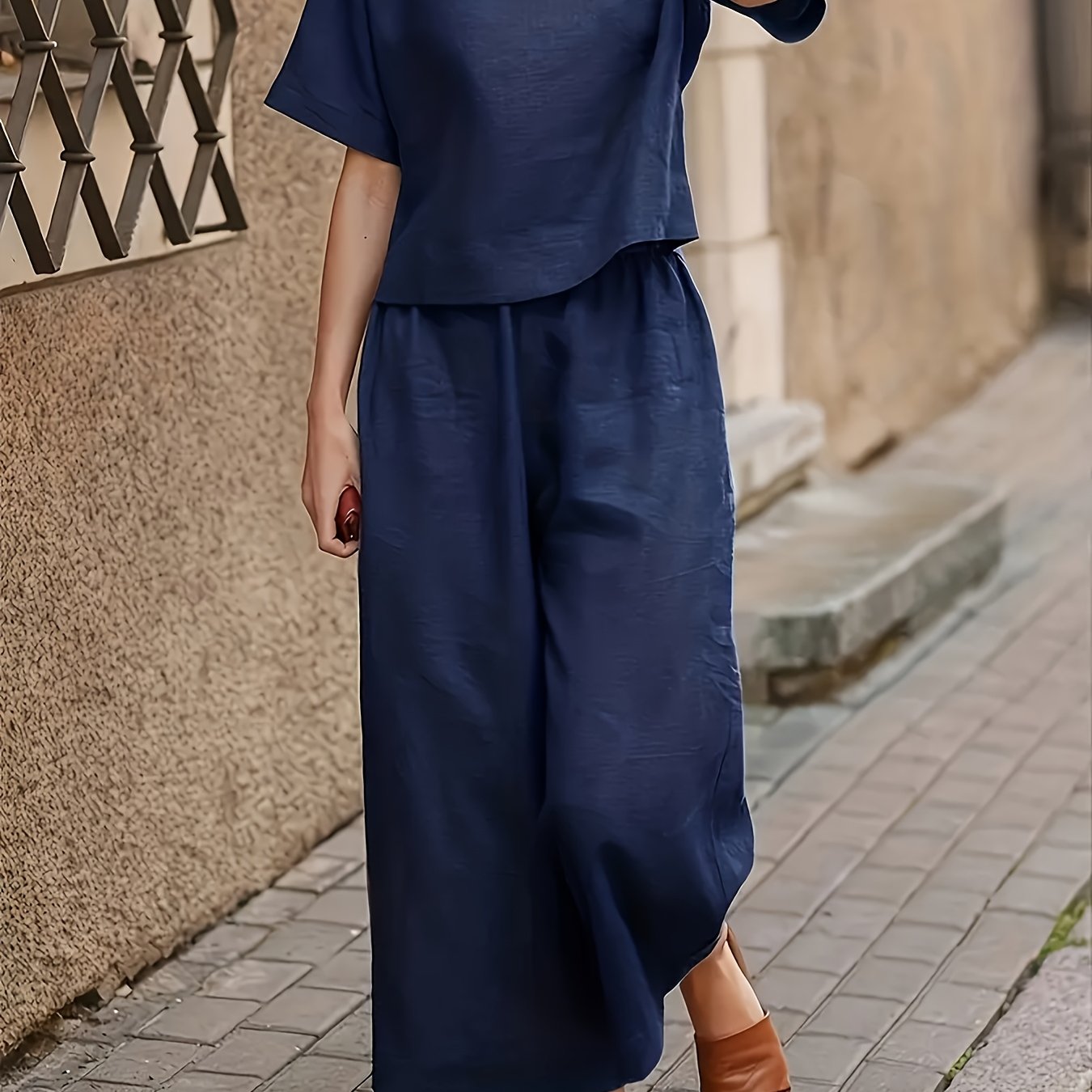 Ladies' Easy Two-piece Outfit, Round Neck Relaxed Tee & Loose Fit Trousers