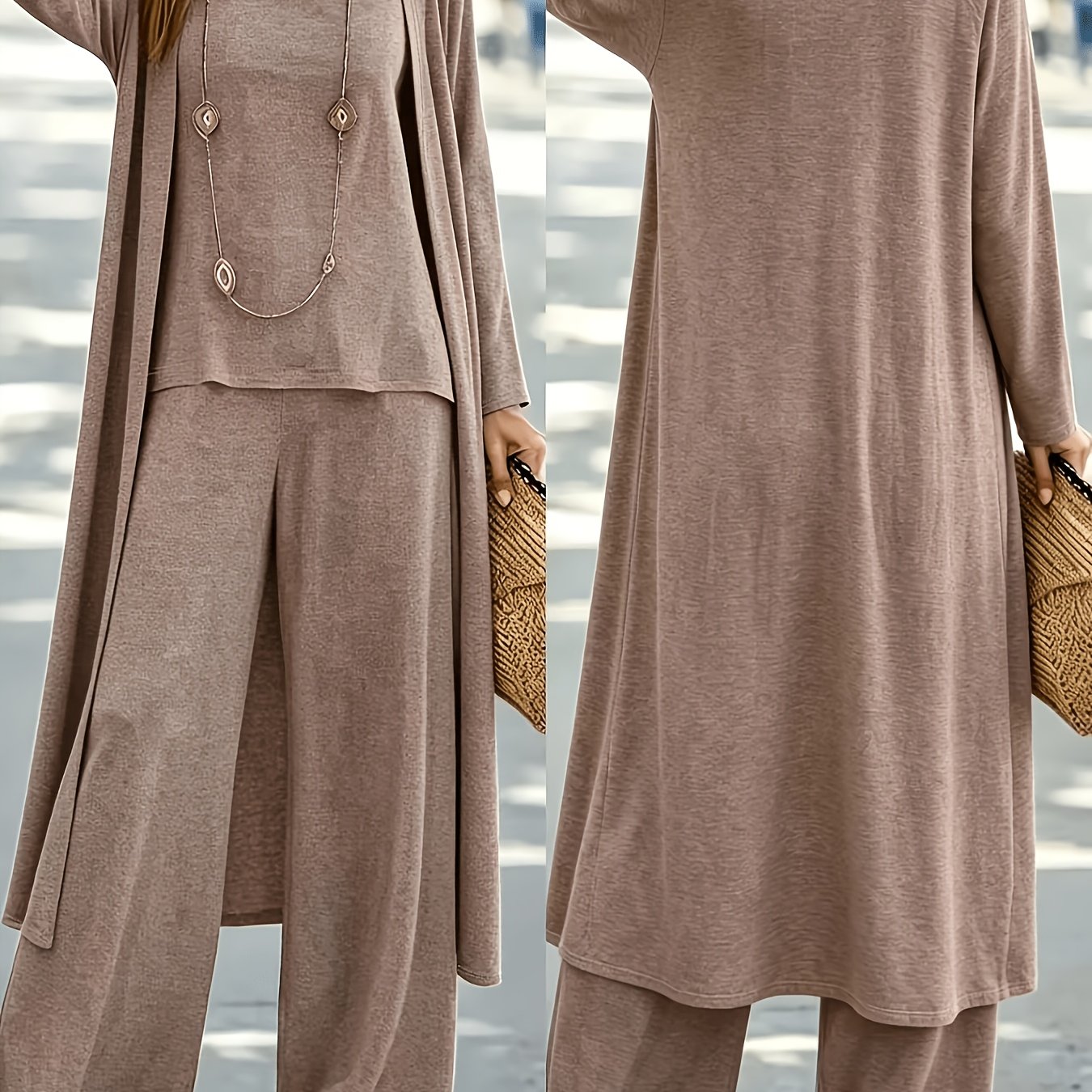 TEMU 2026 Autumn/winter New Women's 3pcs Set: Long Cardigan Vest And Wide-leg Pants. Loose-fitting,, And -friendly For Home, Commuting, And .