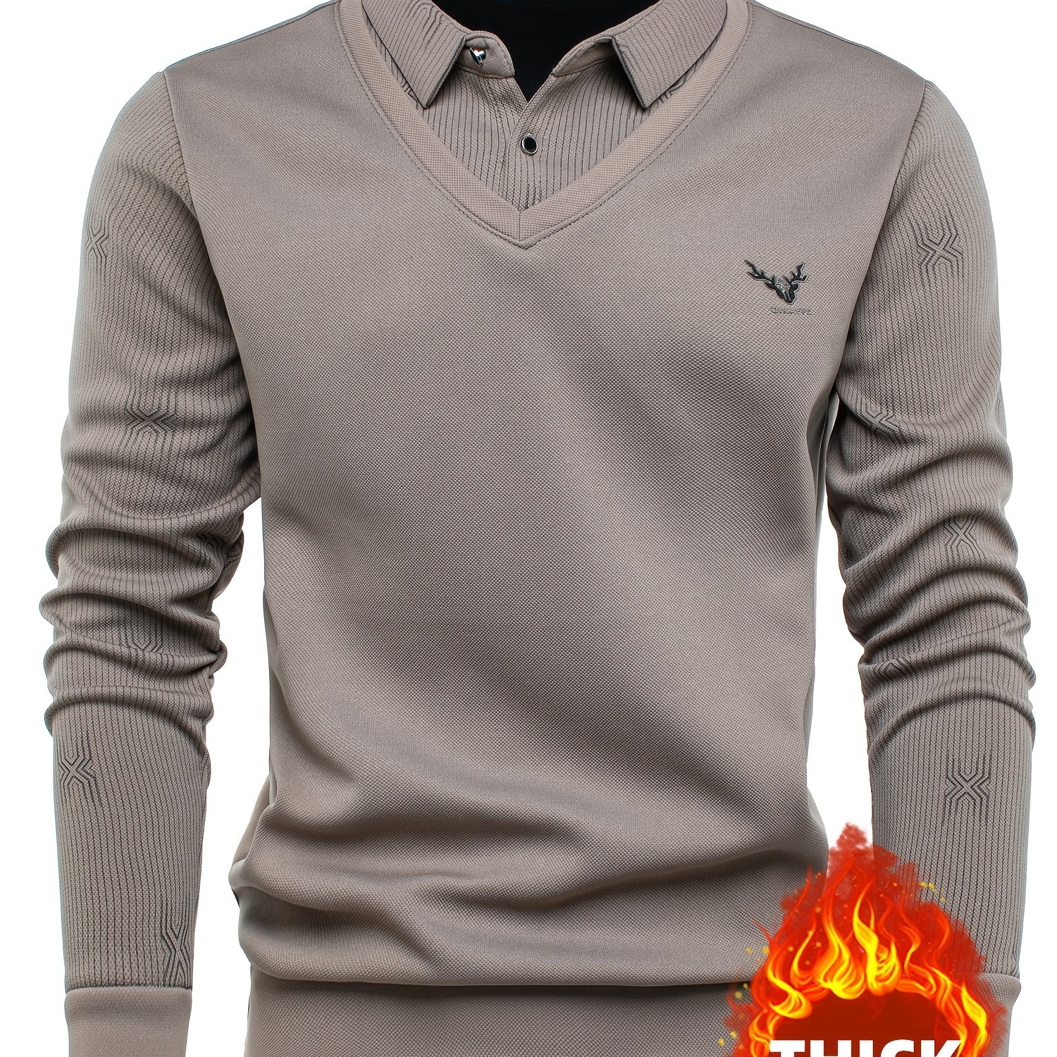 E-shop Herbst Neues Herren Langarm Verdicktes Fleece Fake Zweiteiliges Oberteil, Rentierkopf Design Etikett, Dünnes Streifenmuster Fashion , Warmes