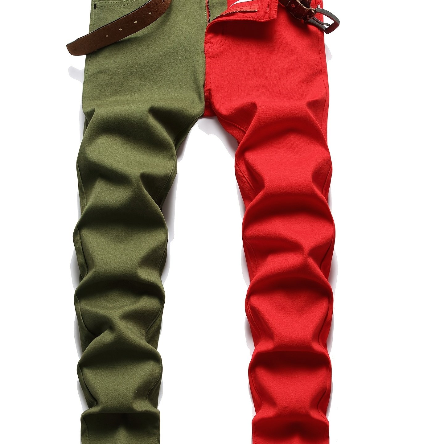 Image of 2026 New Style - Men's Red And Green Contrast Splicing Jeans, Men's Trendy Slimming Small Legs, 2 Tone Pants, Washed Stretch Fabric, Fashionable Street Casual Trendy Jeans