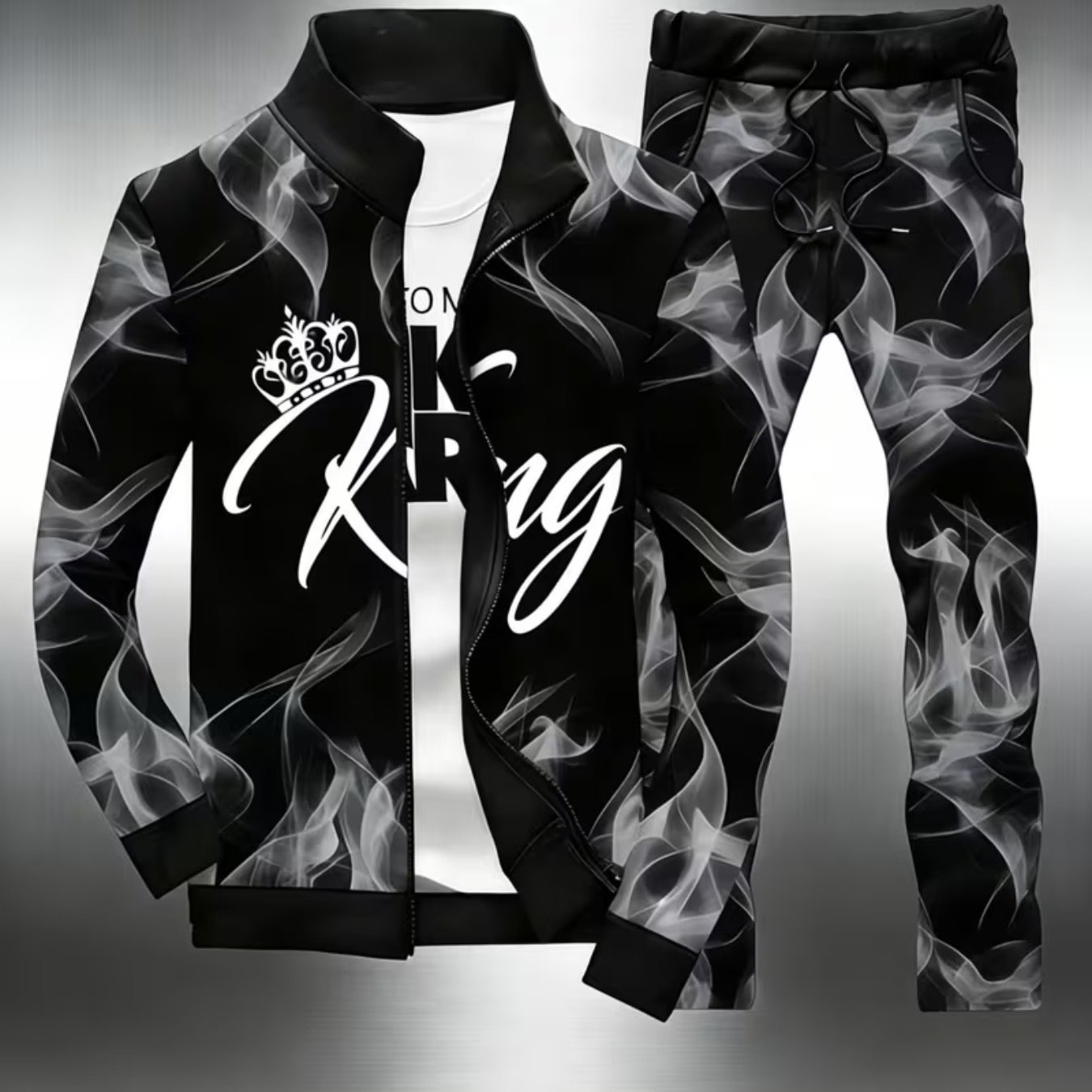 Image of 2026 's 2pcs Sports Suit | Soft Fiber Hip-hop Sports Digital Printed Zip Jacket And Ankle Pants, Style, Hat, Loose Version, Full Body Print