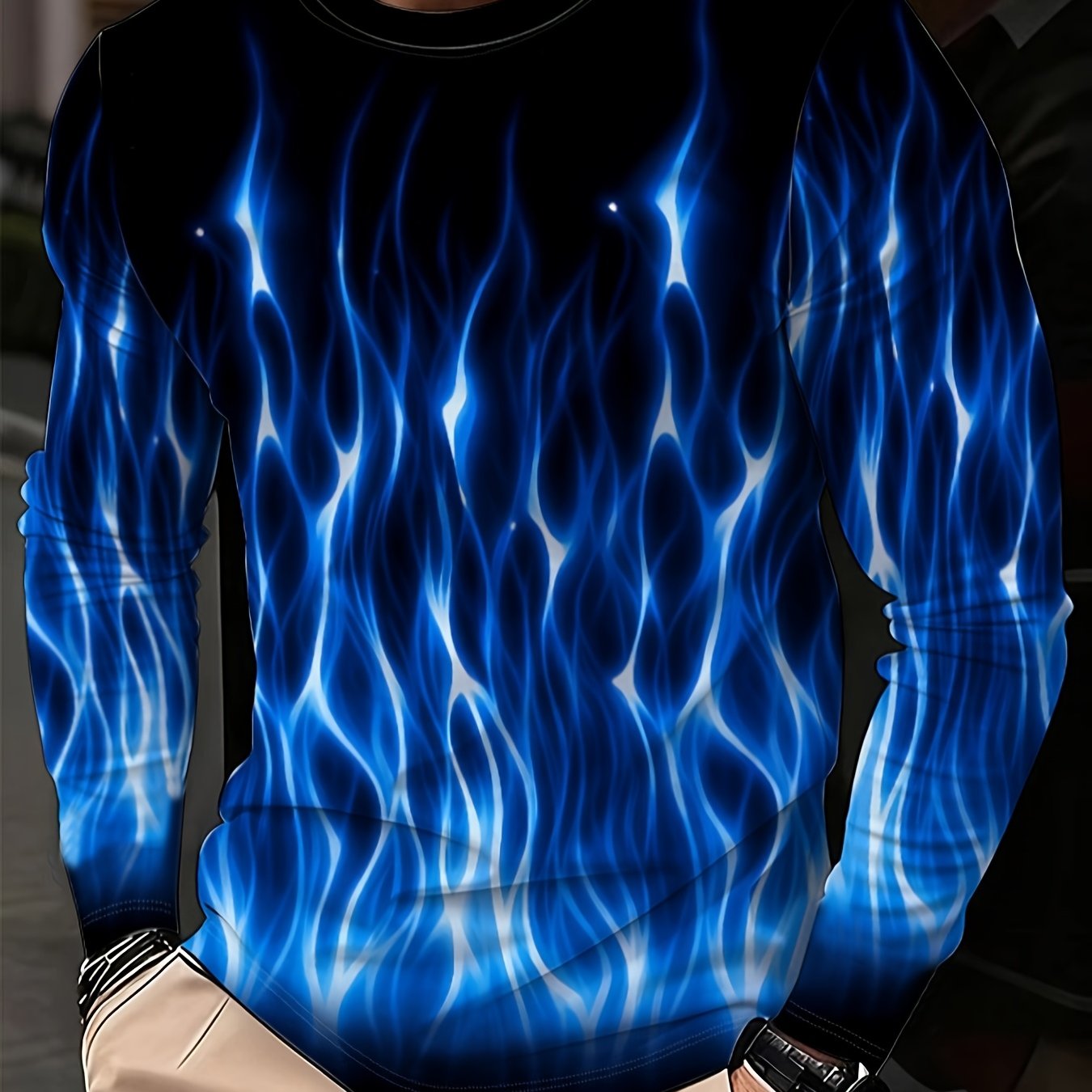 TEMU Men's Style Trendy Blue Flame Graphic Long Sleeve T-shirt Casual Wear Holiday Gift For Adults Men