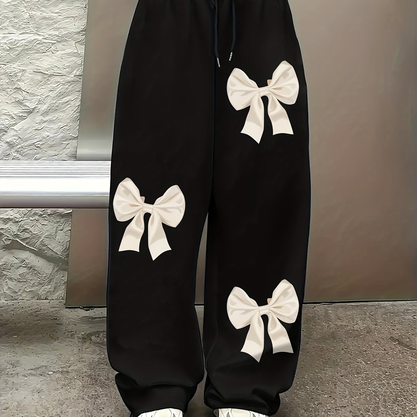 TEMU Sweet Cool Bow Print, Casual Athletic Straight Leg Trousers, Elastic Waist Drawstring Wide Leg Long Pants Women's Clothing, Women's Pants