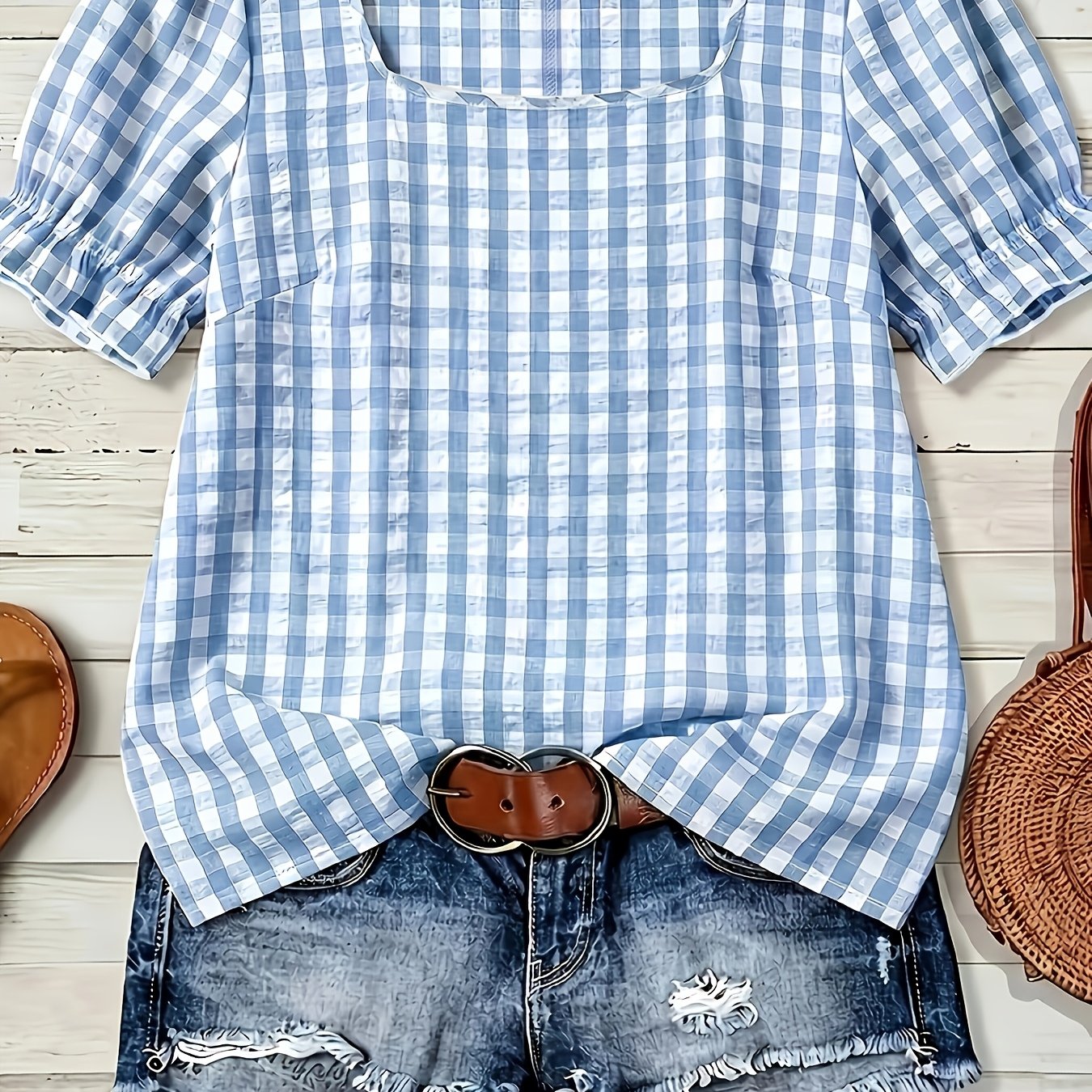 TEMU Elegant /summer Square Neck Puff Sleeve Short Sleeve Top, Casual Vacation Women's Shirt