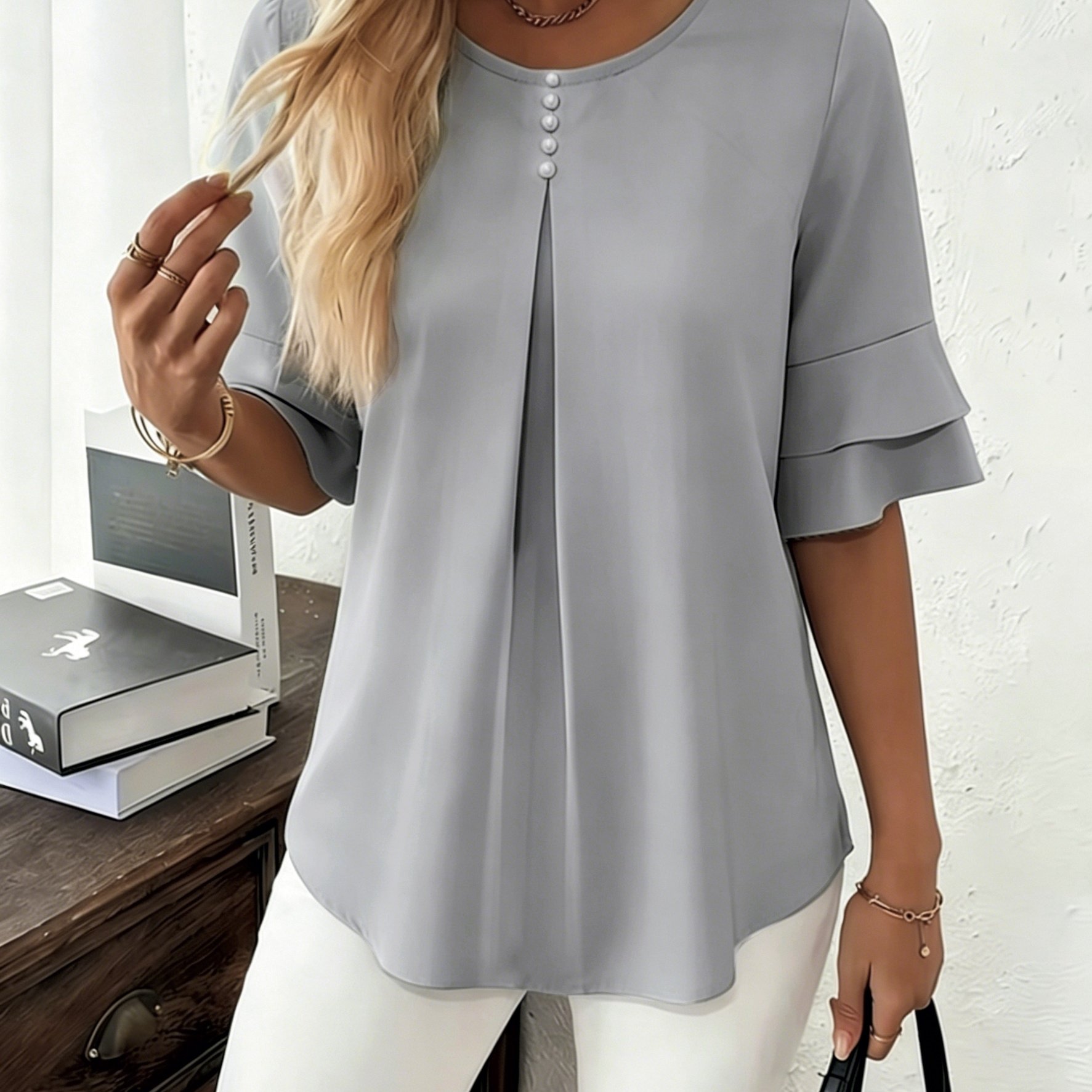 Elegant Flared Sleeve Shirt, Summer Loose Solid Round Neck Top