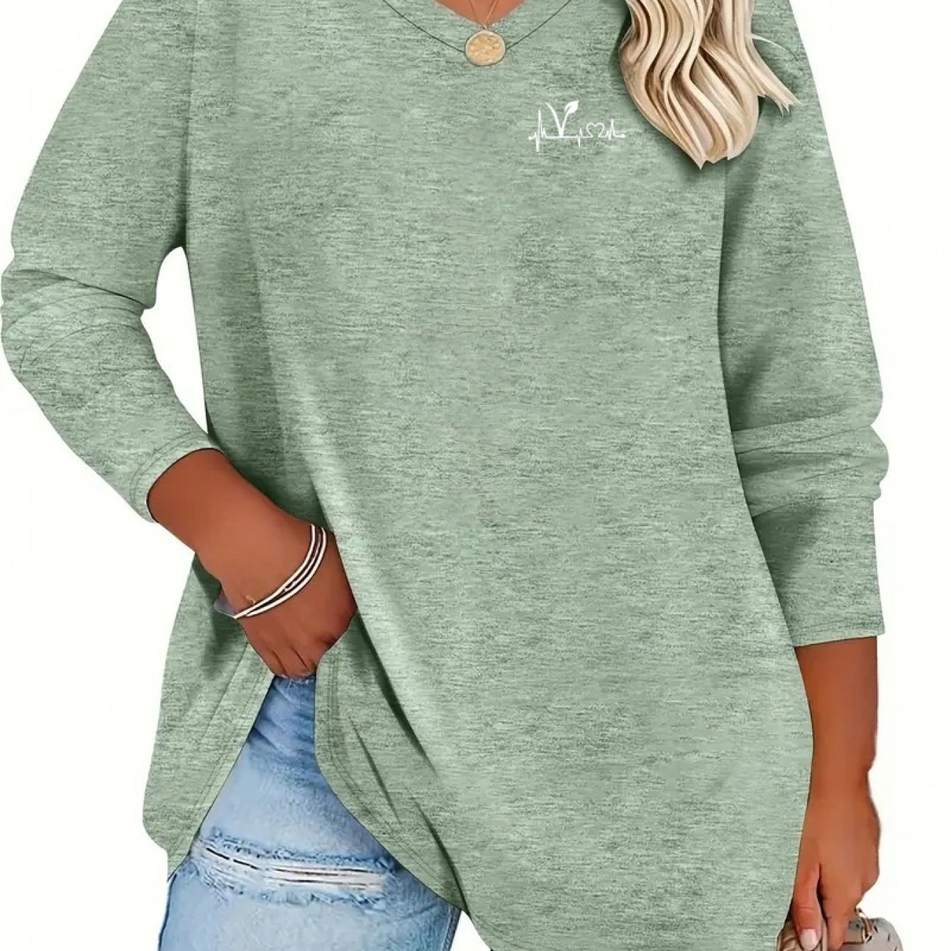 TEMU New Autumn And Plus-size Printed V-neck Loose Long-sleeve T-shirt, A Casual Sportswear Piece For Plus-size Women In