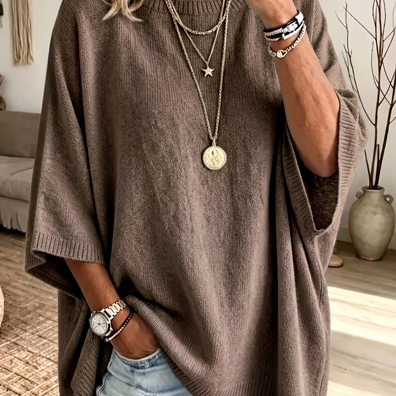 TEMU Plus Size - Plus Size - Women's Spring Autumn Elegant Casual Cute Sexy Middle Eastern Style Spring Autumn Solid Color Round Neck Bohemian Casual