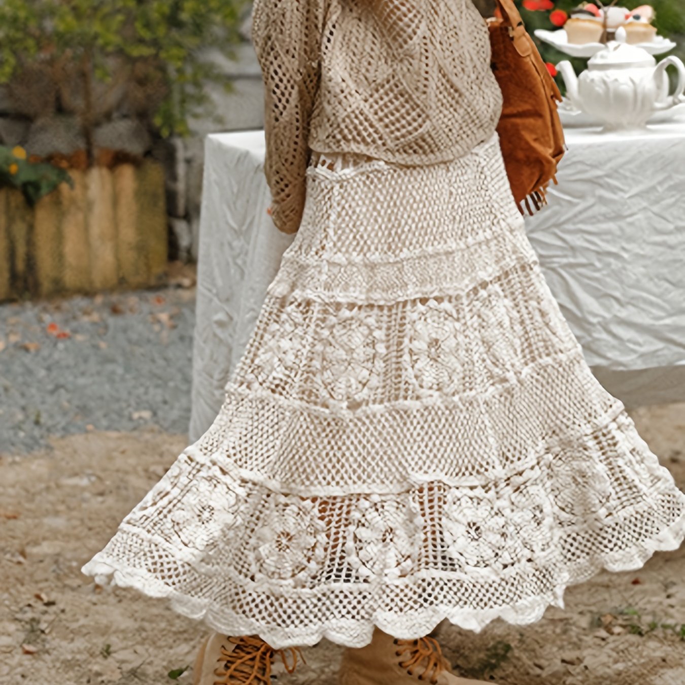 E-shop Eleganter Retro Heavy-Duty Hollow Crochet Elastischer Taillenrock für Damen, Einfarbiger Temperament Vielseitiger Spitzensaum Hollow High Waist
