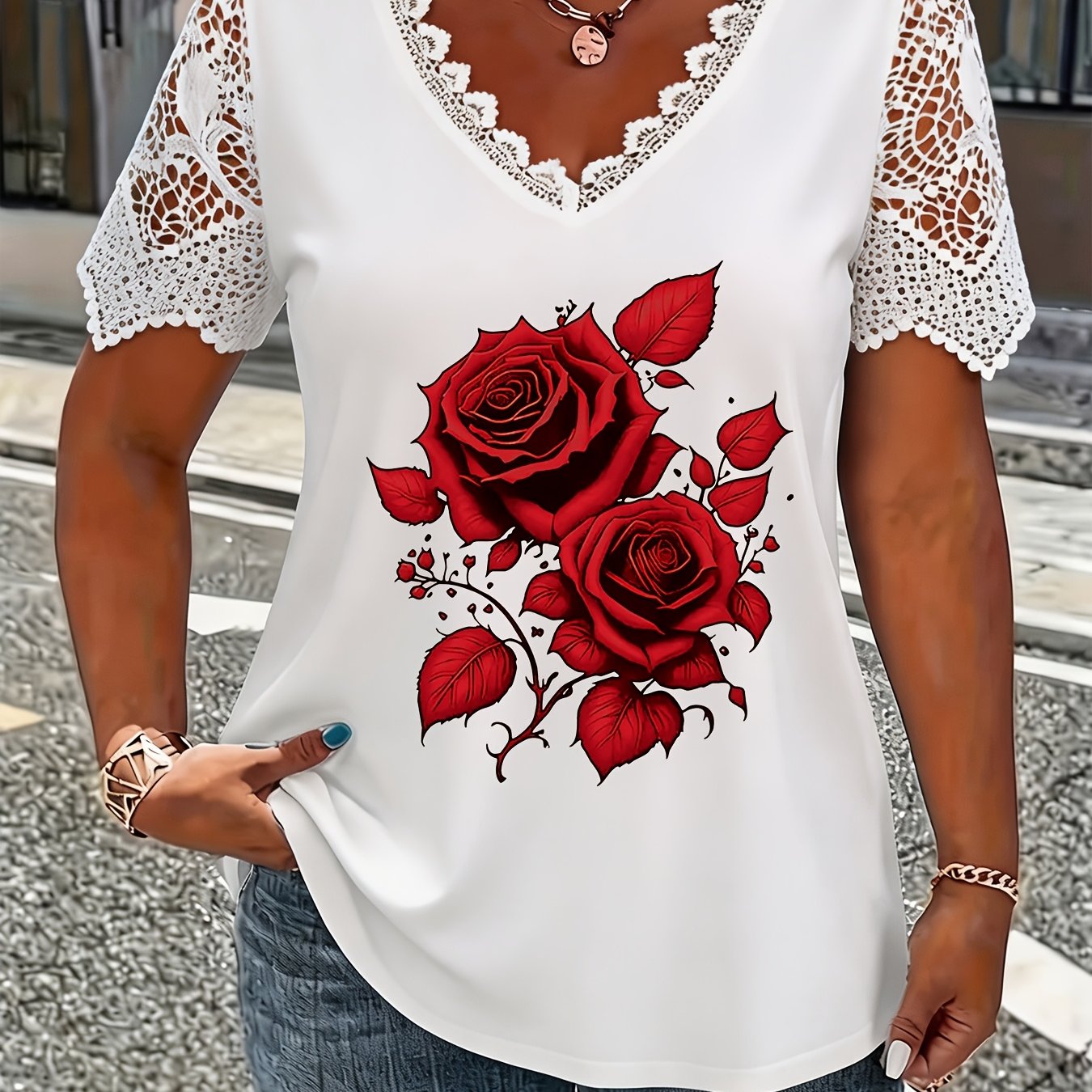 TEMU Plus Size, Plus Size Lace Trim Women's Summer V-neck T-shirt, Tummy Control Top