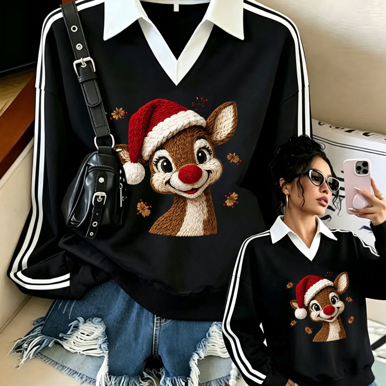 TEMU Plus Size, Christmas Women's Size V-neck Sweatshirt Top, Christmas Red- Reindeer Print Pattern, Pullover 1xl-8xl Casual V-neck Long Sleeve