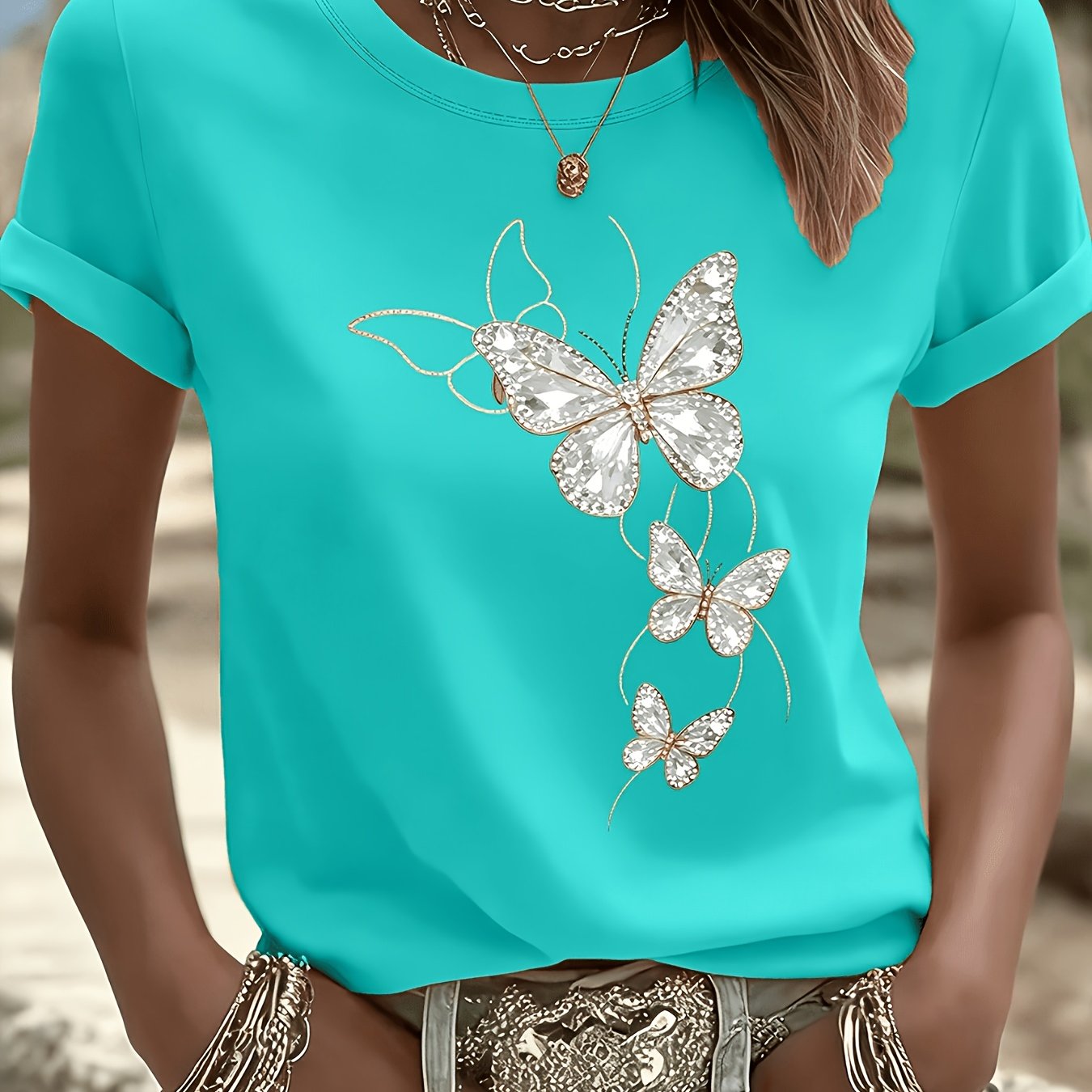 TEMU 3388# Elegant Women's Short-sleeve T-shirt, Fashionable For Commuting, Summer Essential, Travel, Dating, Gift, Vacation, Beach, Crystal Wings